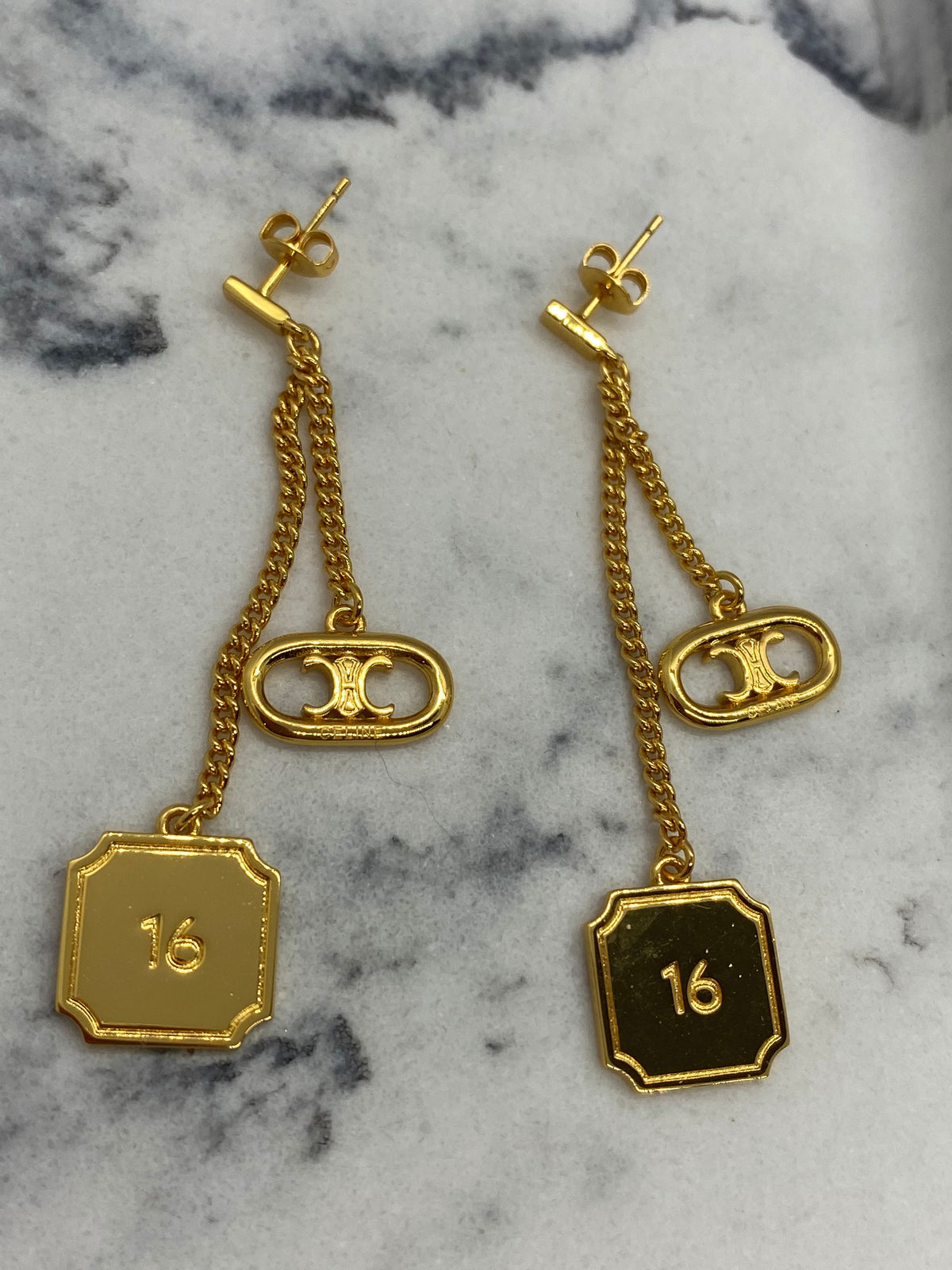 CELINE Gold Tone Monogram Pendant Earrings - Pre owned