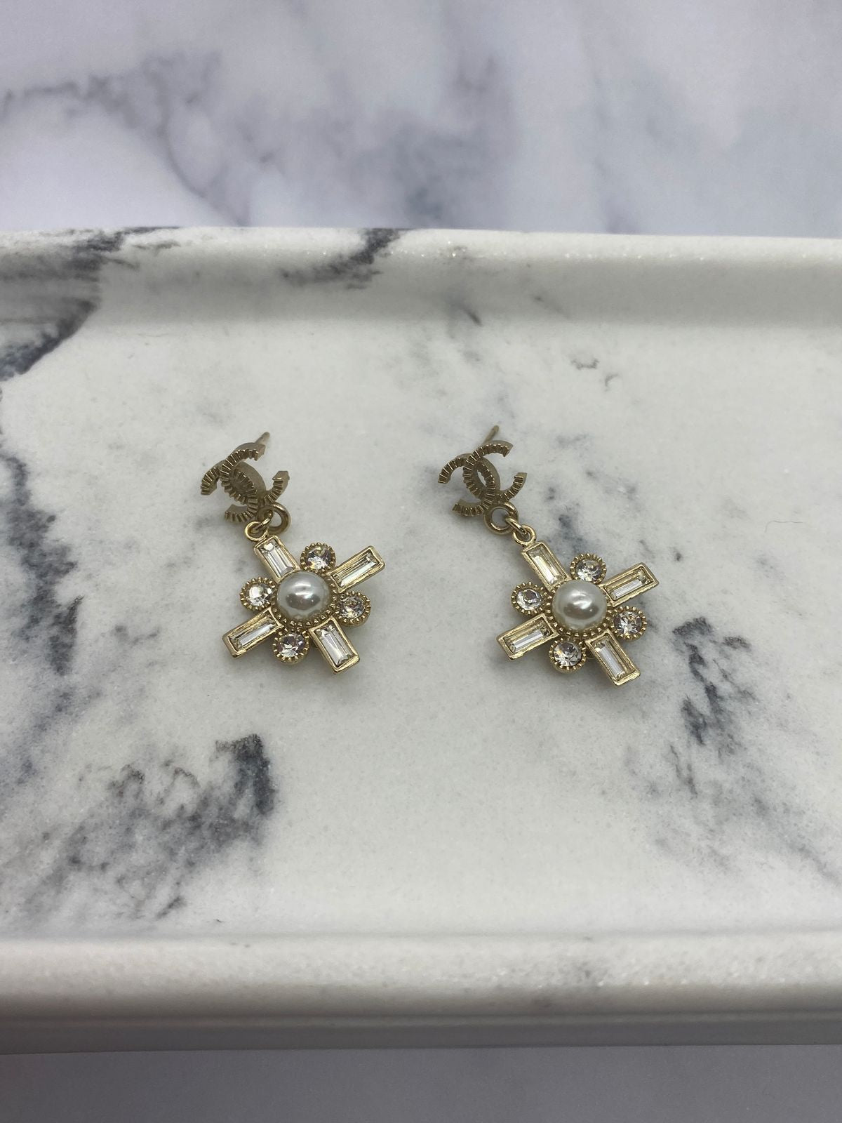 CHANEL Cross Rhinestone Pendant Earrings - Pre owned