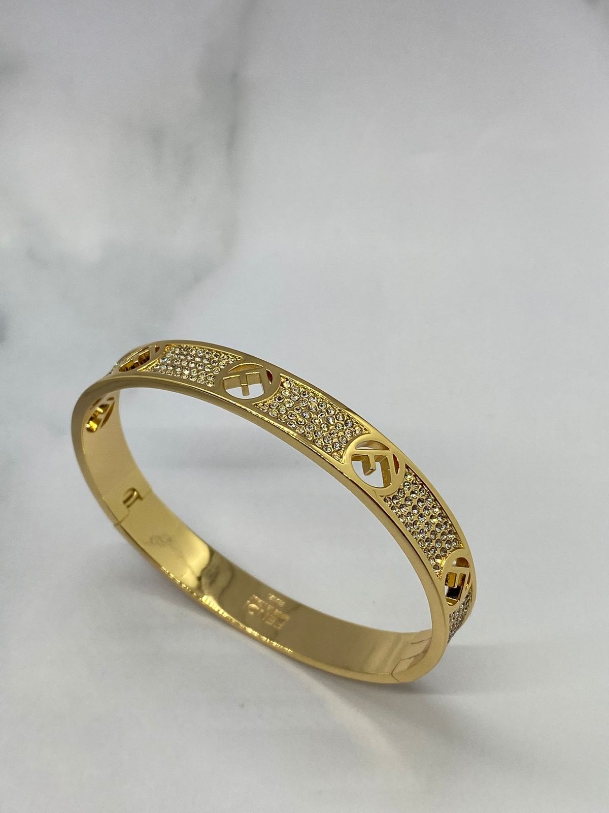 FENDI F Gold Tone Rhinestone Bangle Cuff Bracelet - Pre owned