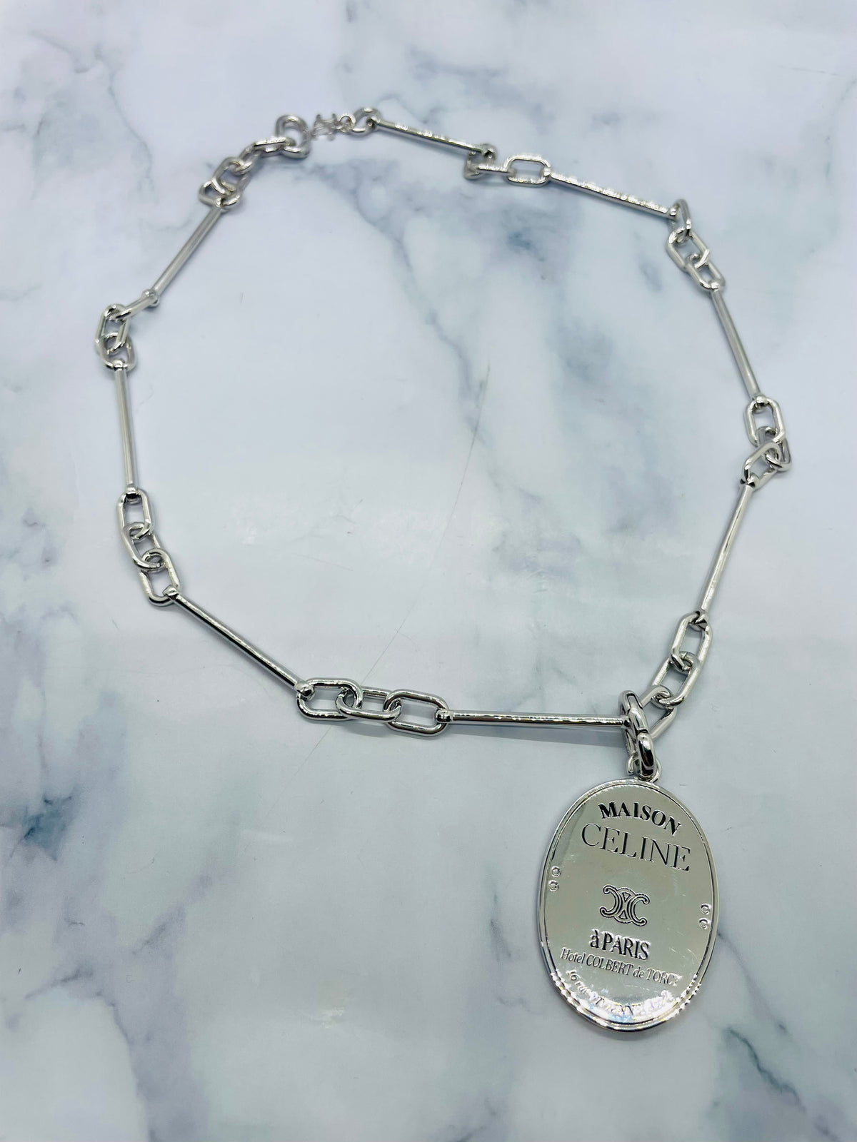 CELINE Silver Tone Maison Medal Charm Necklace - Pre owned