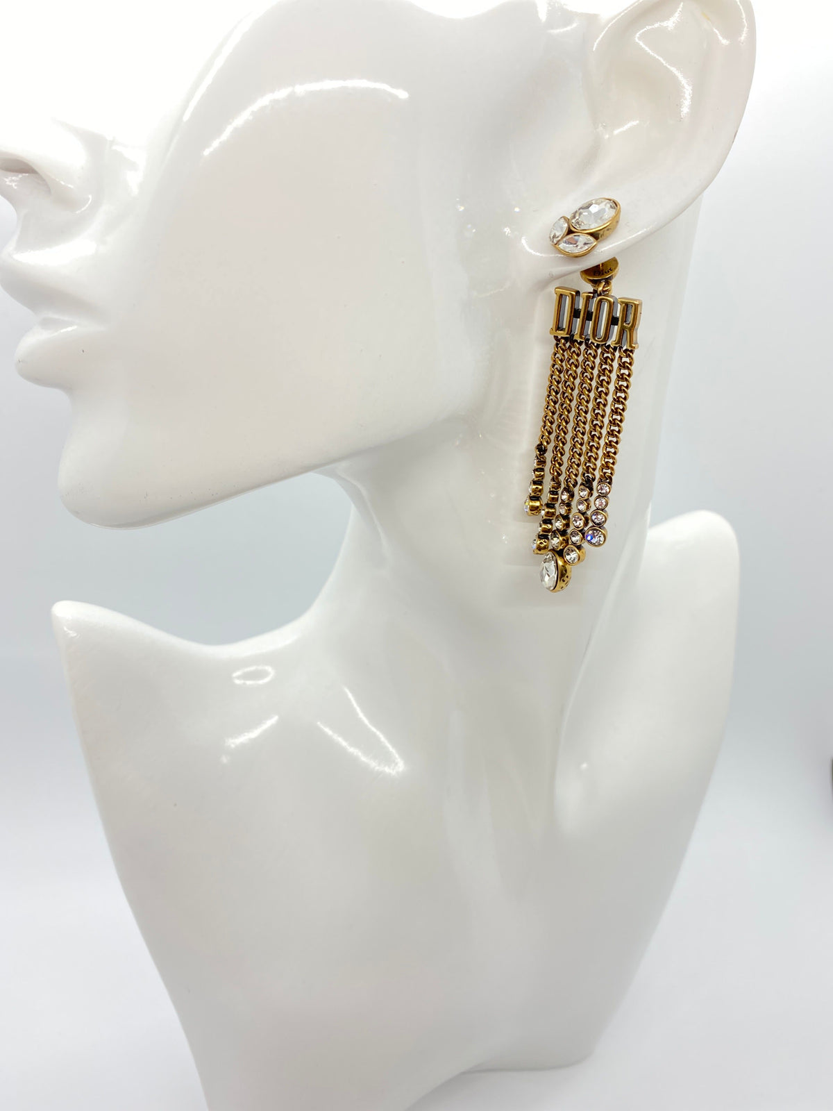 CHRISTIAN DIOR Brass Tone Rhinestone Fringe Earrings - Pre owned