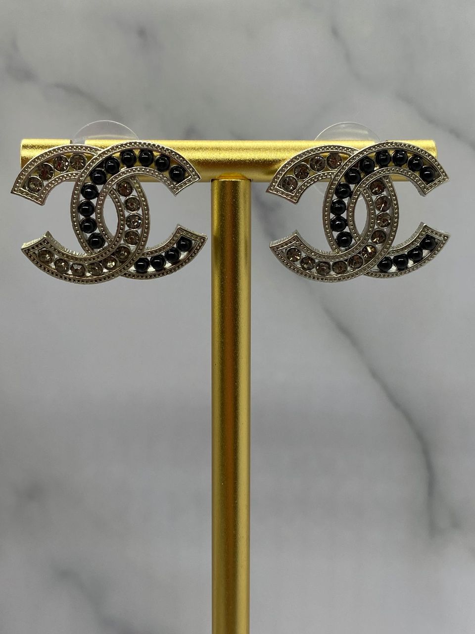 CHANEL Silver Tone Rhinestone Earrings - USED