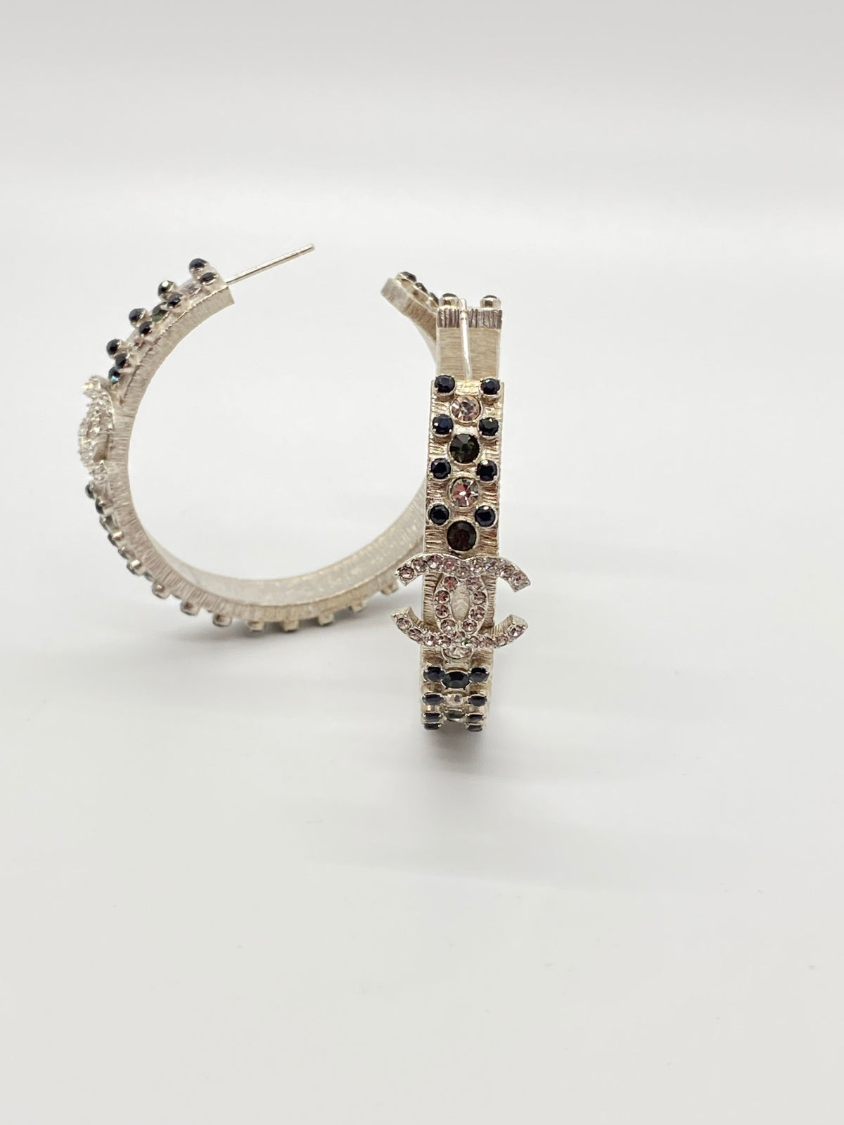 CHANEL CC Silver Tone Rhinestone Hoop Earrings - Pre owned
