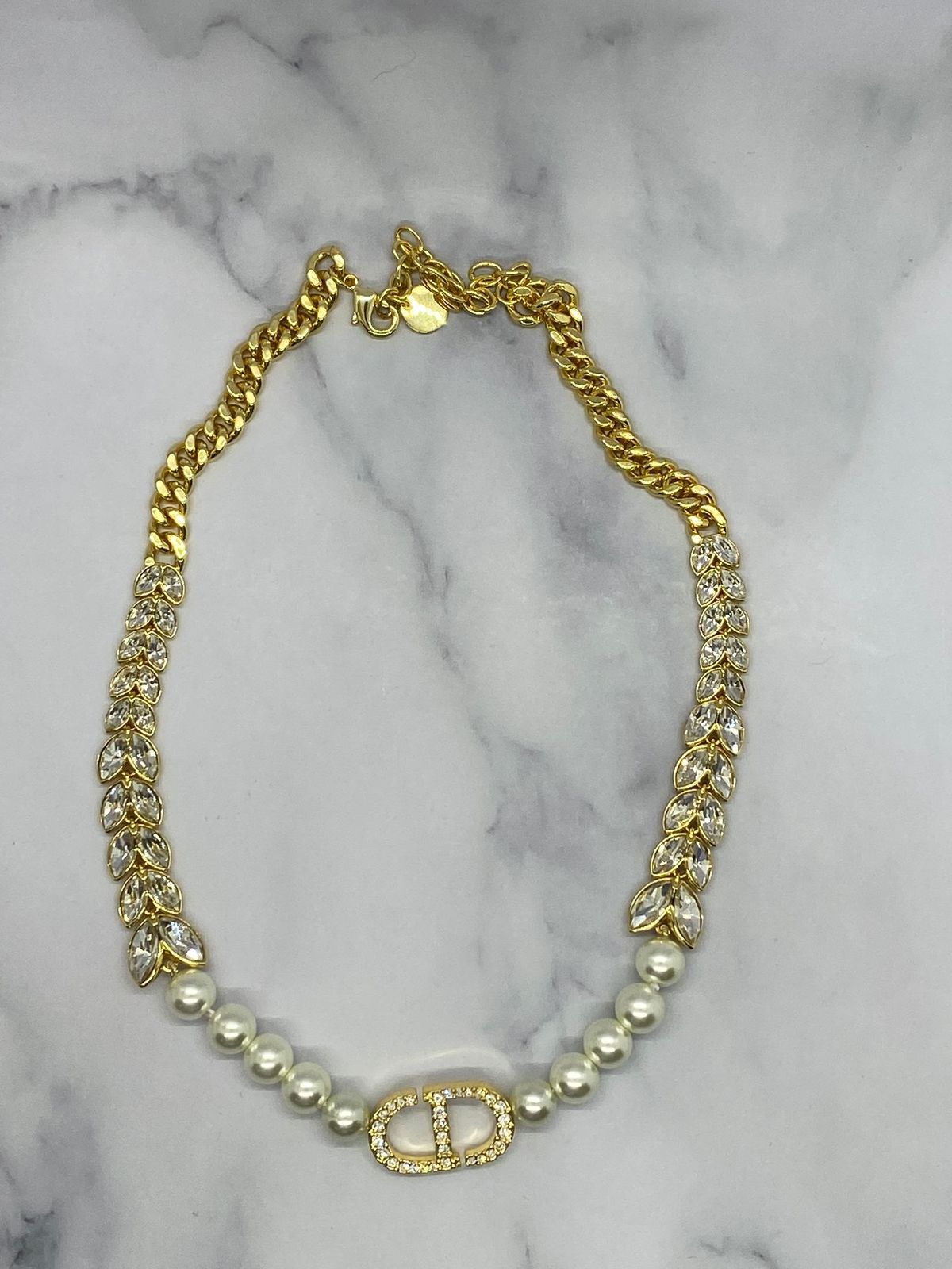 CHRISTIAN DIOR CD Pearl Rhinestone Statement Necklace - Pre owned