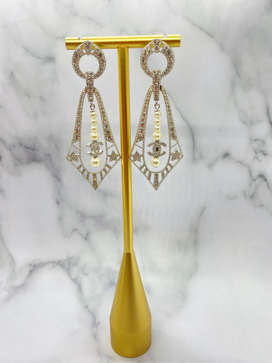 CHANEL CC Silver Tone Rhinestone Art Deco Earrings - Pre owned