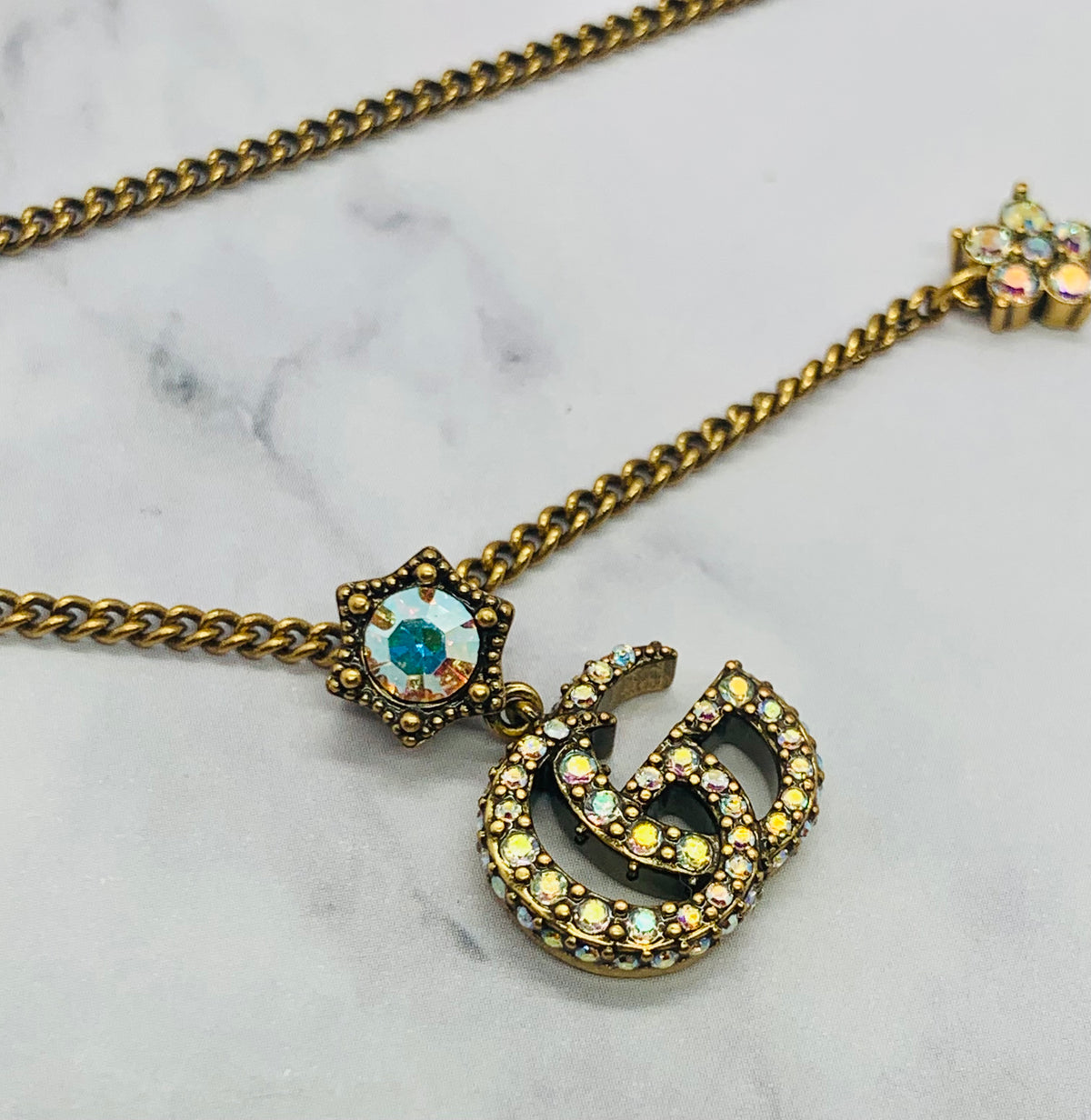 GUCCI Brass Tone Rhinestone Pendant Necklace - Pre owned