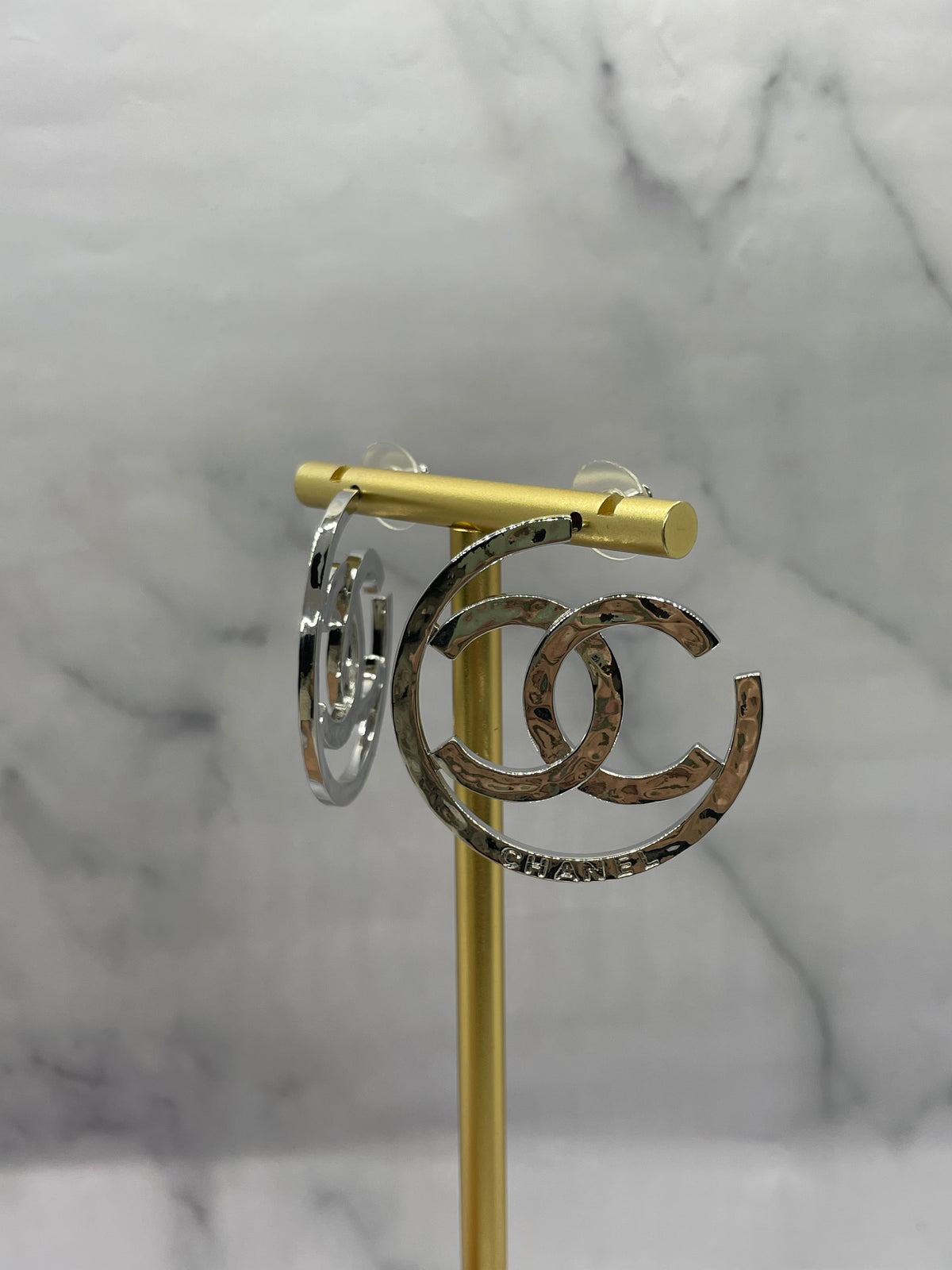 CHANEL CC Silver Tone Hoop Earrings - Pre owned