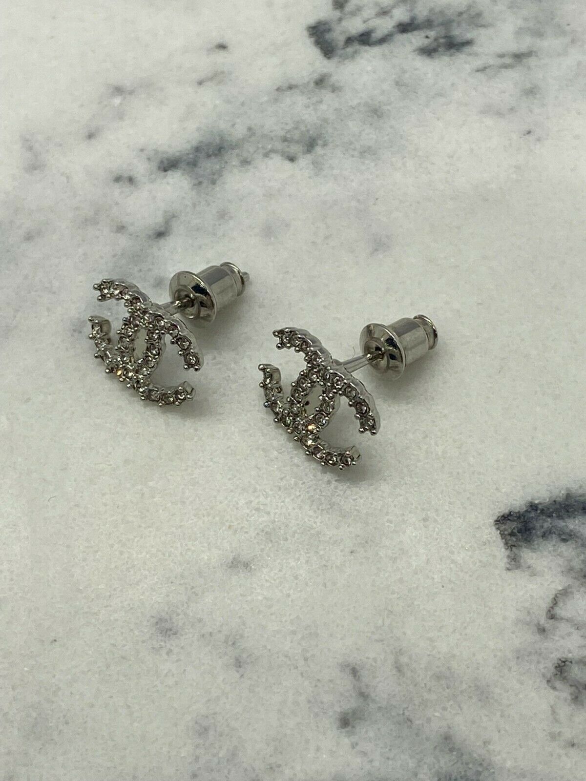 CHANEL CC Small Silver Tone Rhinestone Earrings - USED