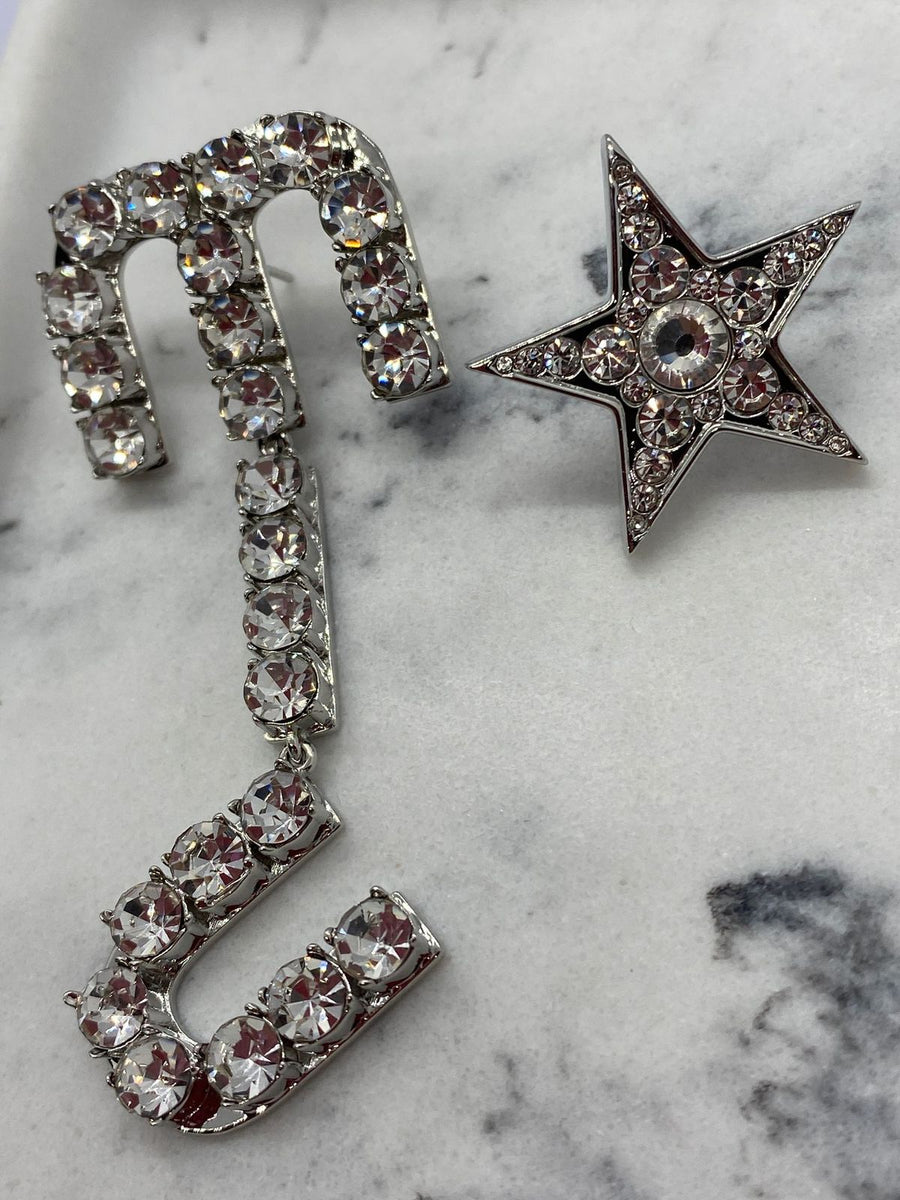 MIU MIU Asymmetric Silver Tone Rhinestone Earrings - Pre owned