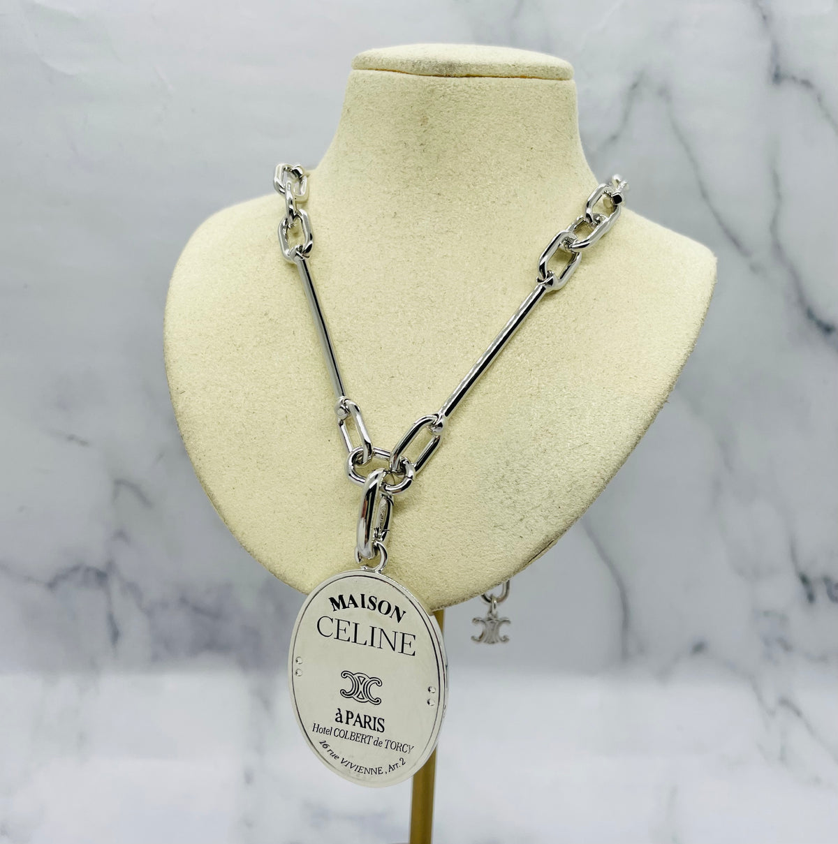 CELINE Silver Tone Maison Medal Charm Necklace - Pre owned