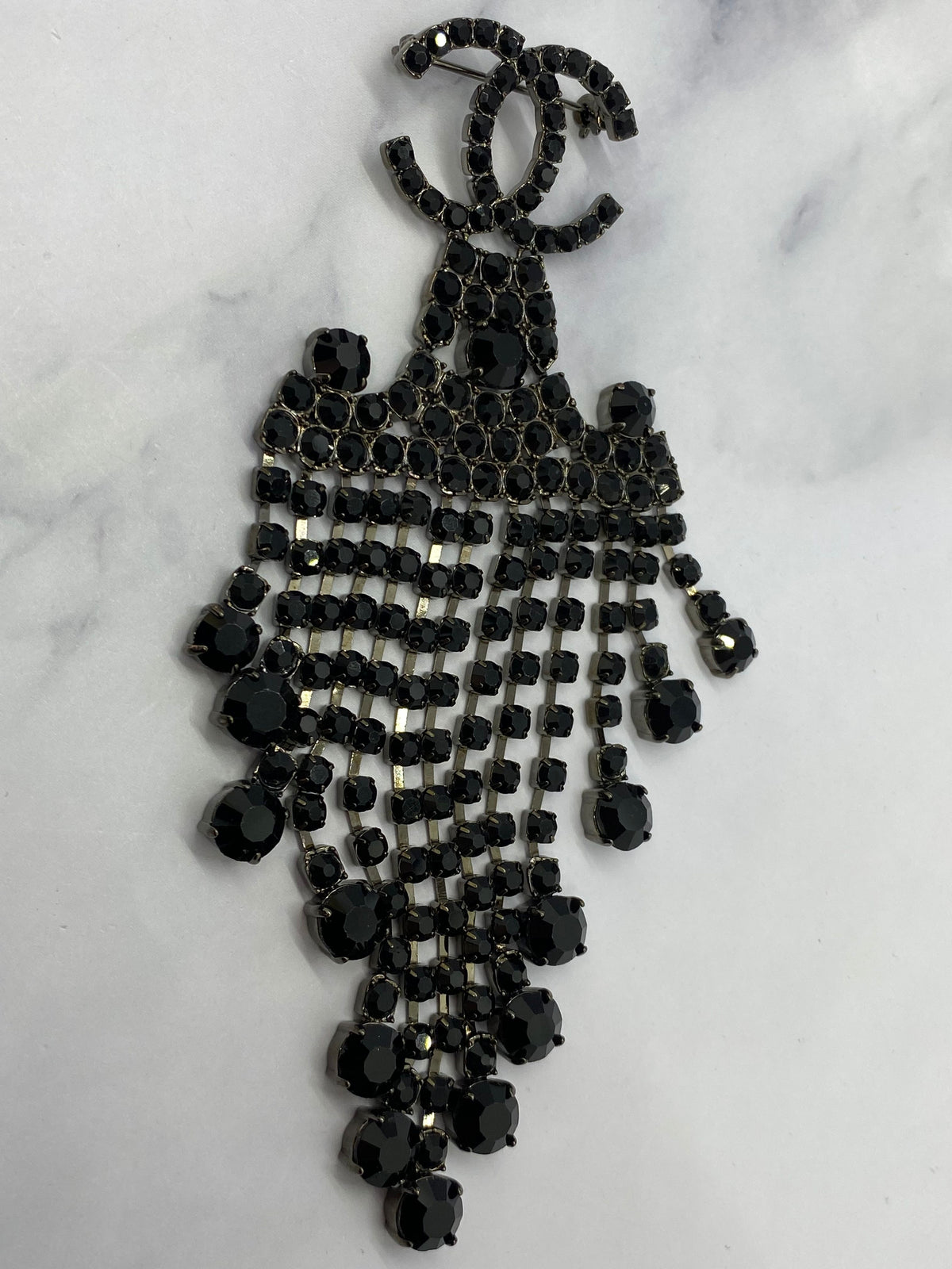 CHANEL CC Large Black Rhinestone Brooch Pin - USED