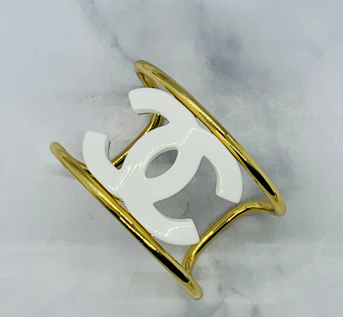 CHANEL CC White & Gold Bangle Cuff Bracelet - USED