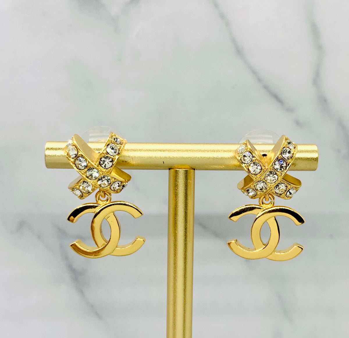 CHANEL CC Rhinestone Cross Earrings - USED