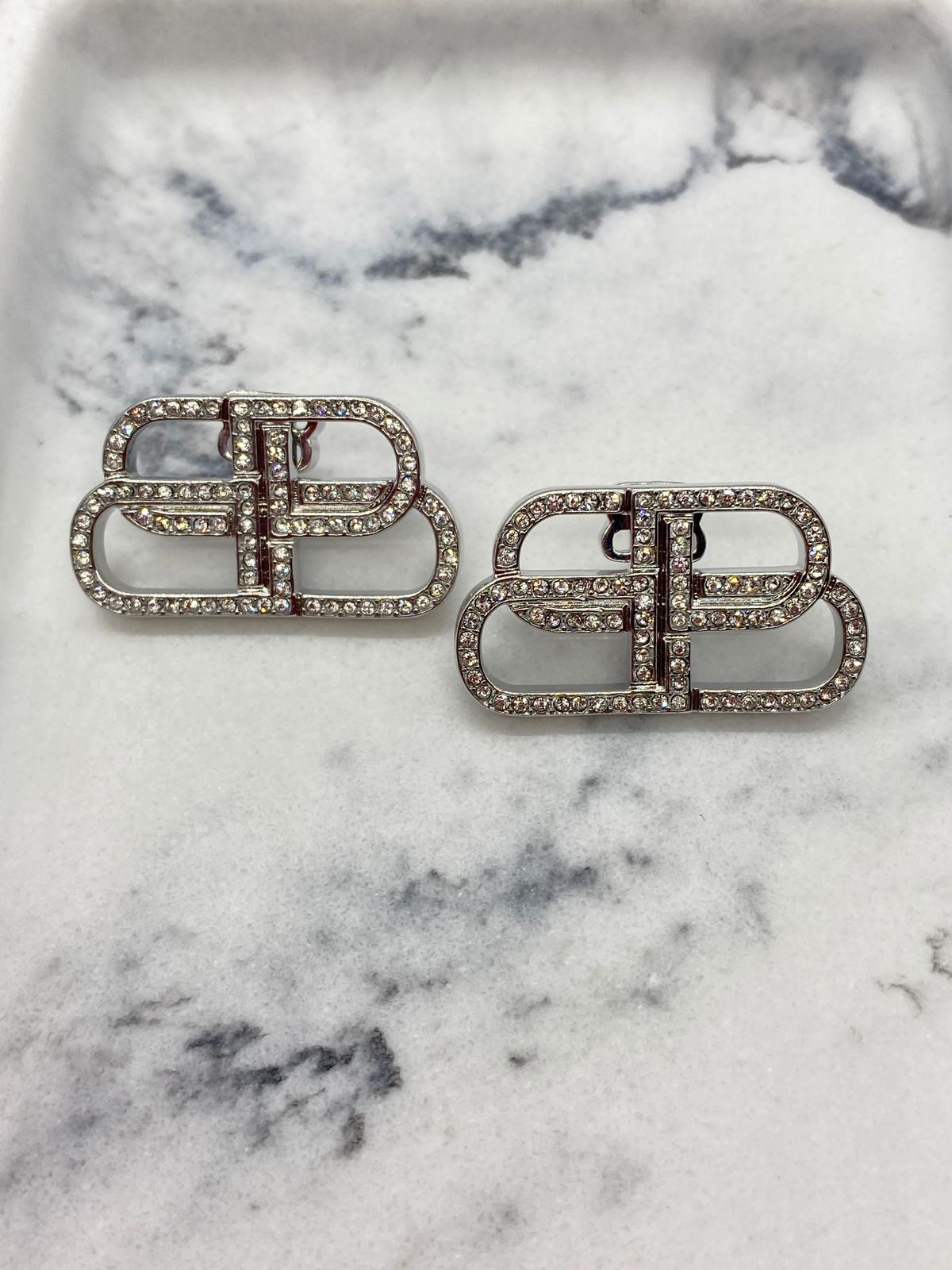 BALENCIAGA BB Silver Tone Rhinestone Monogram Earrings - Pre owned