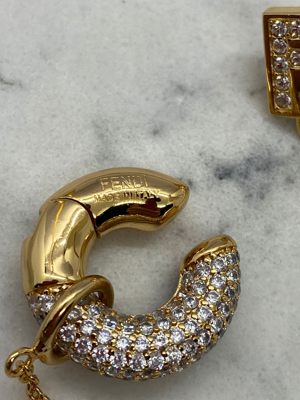 FENDI F Gold Tone Rhinestone Chain Ear Cuff - Pre owned
