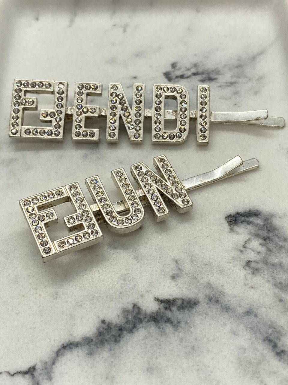 FENDI FF Fun Silver Tone Rhinestone Hair Barrette Clip Set - USED