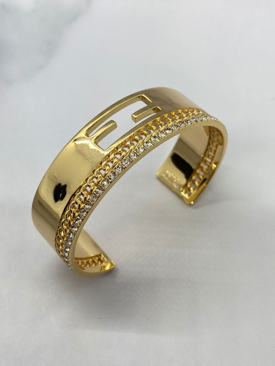 FENDI F Gold Tone Rhinestone Bangle Bracelet - Pre owned