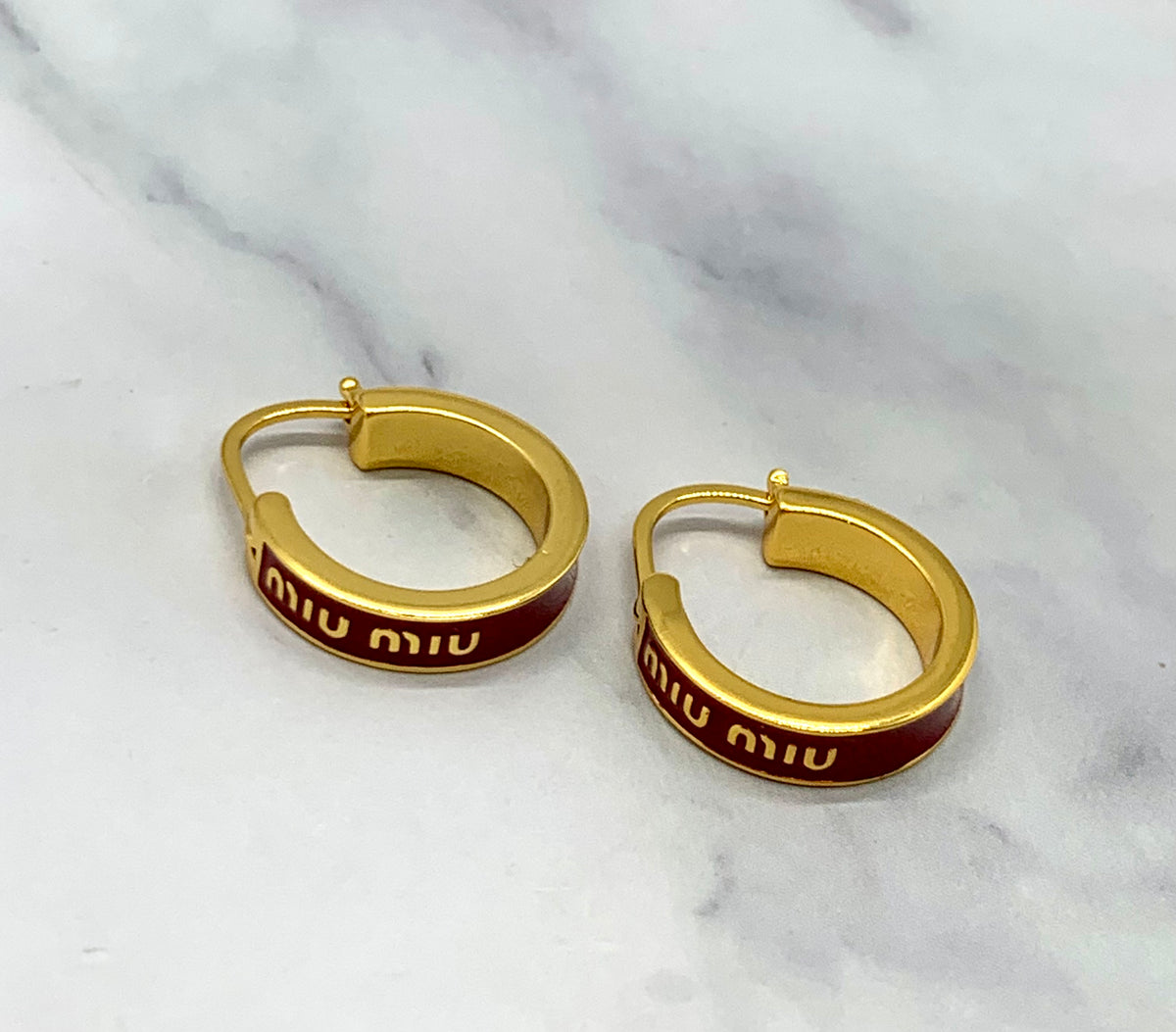 MIU MIU Red Enamel Gold Hoop Earrings - Pre owned