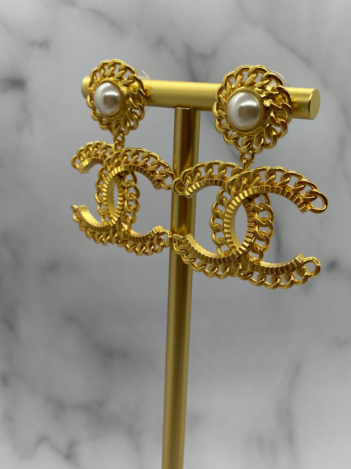 CHANEL CC Gold Tone Pearl Pendant Earrings - Pre owned