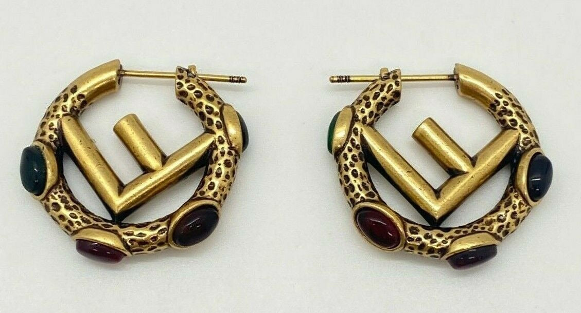 FENDI F Brass Tone Gem Encrusted Small Hoop Earrings