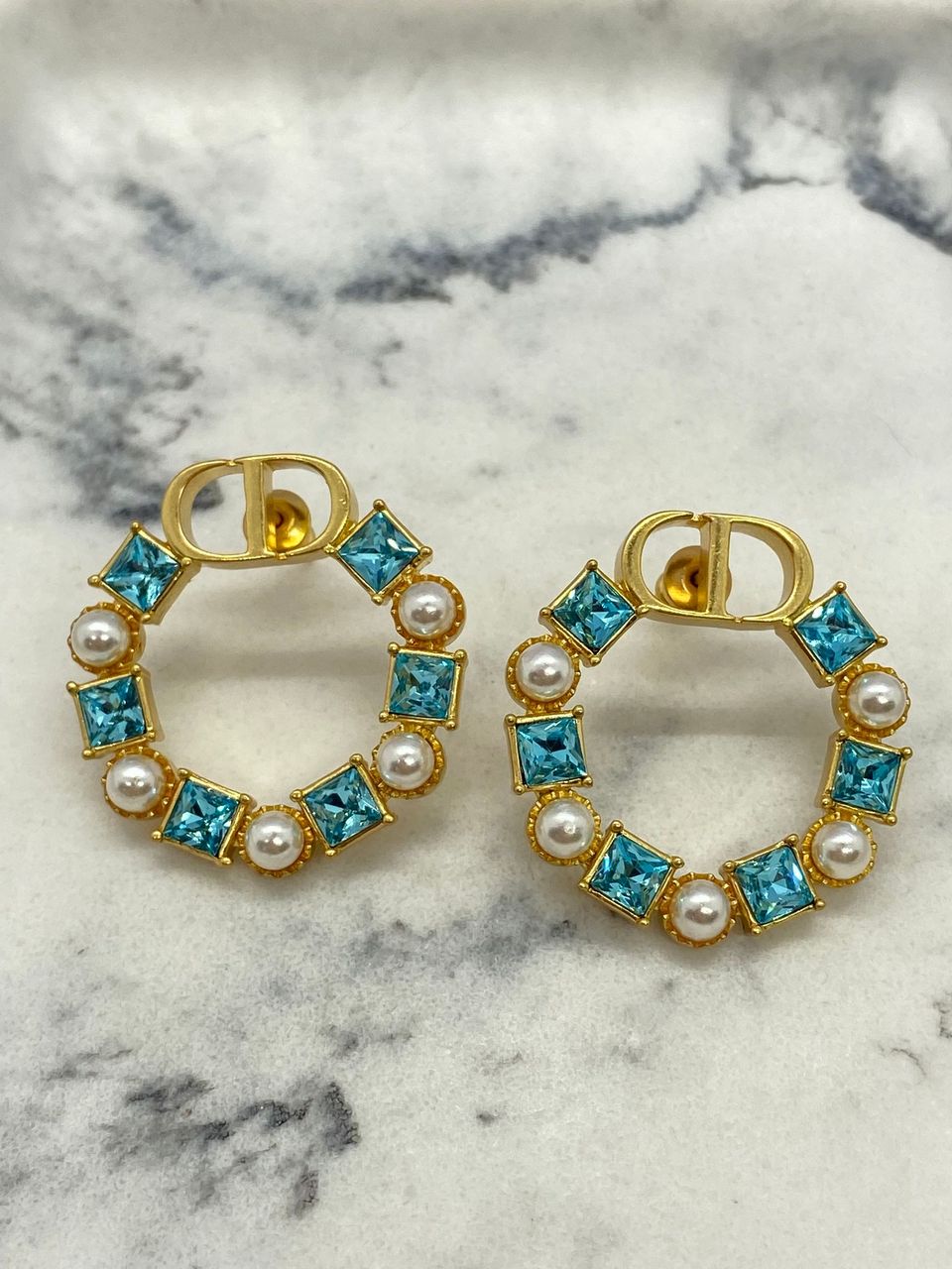 CHRISTIAN DIOR CD Blue Rhinestone Hoop Earrings - Pre owned