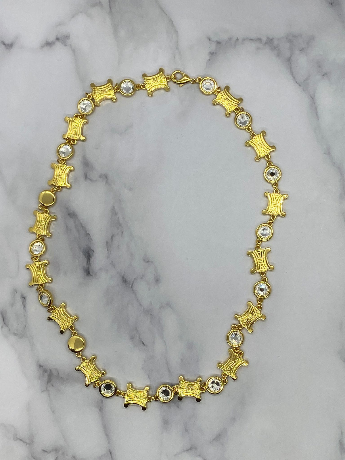 CELINE Gold Tone Rhinestone Monogram Necklace - Pre owned