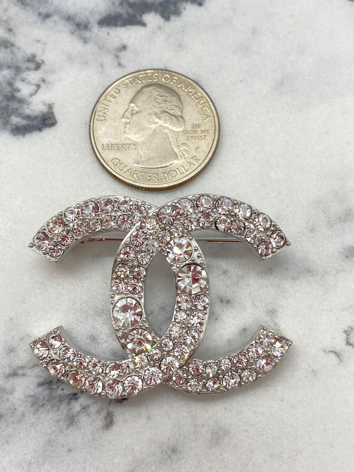 CHANEL CC Silver Tone Rhinestone Brooch Pin - Pre owned