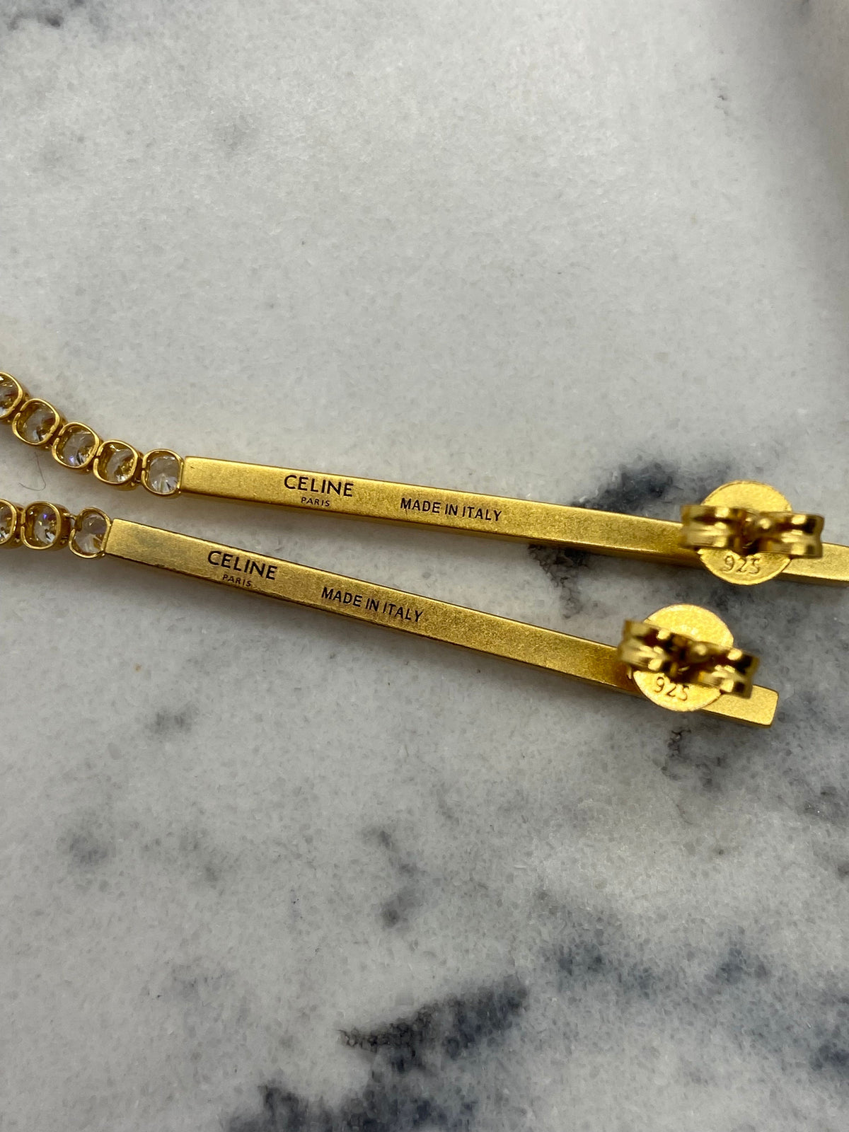CELINE Gold Tone Rhinestone Stick Earrings - Pre owned