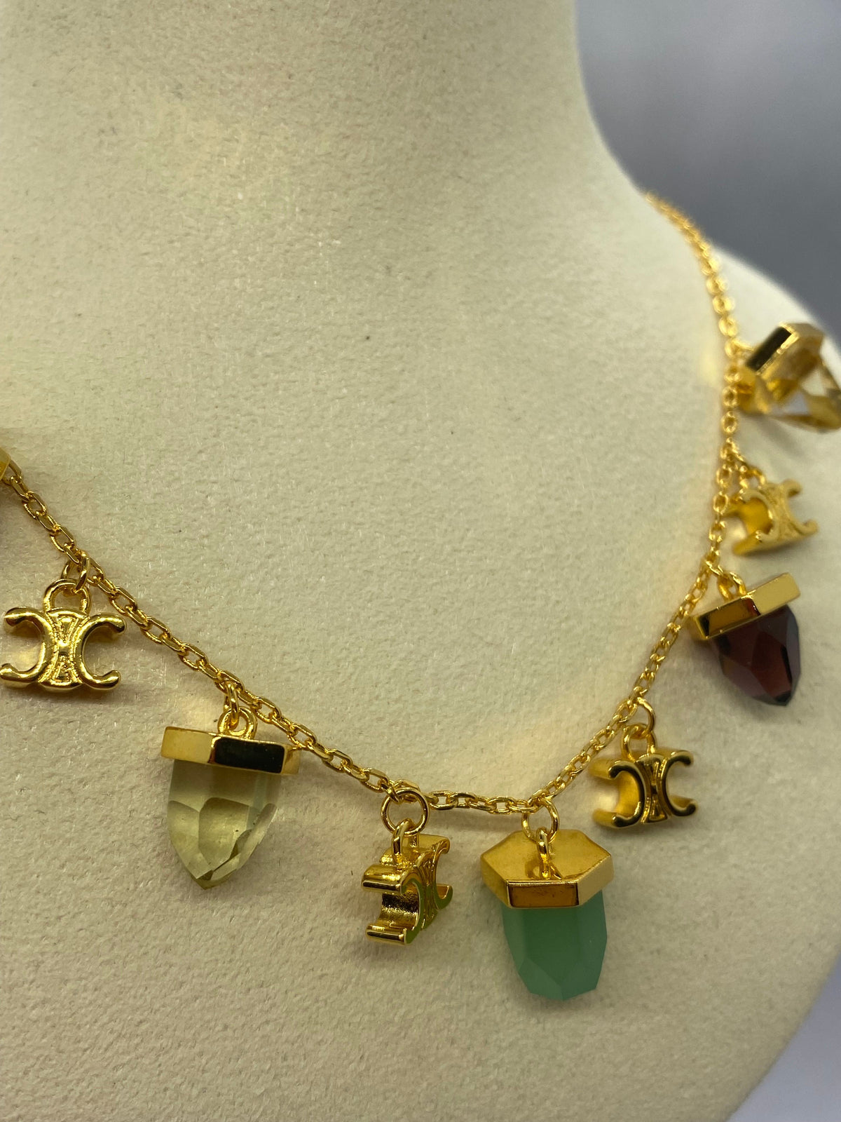 CELINE Monogram Crytsal Quartz Gold Necklace - Pre owned
