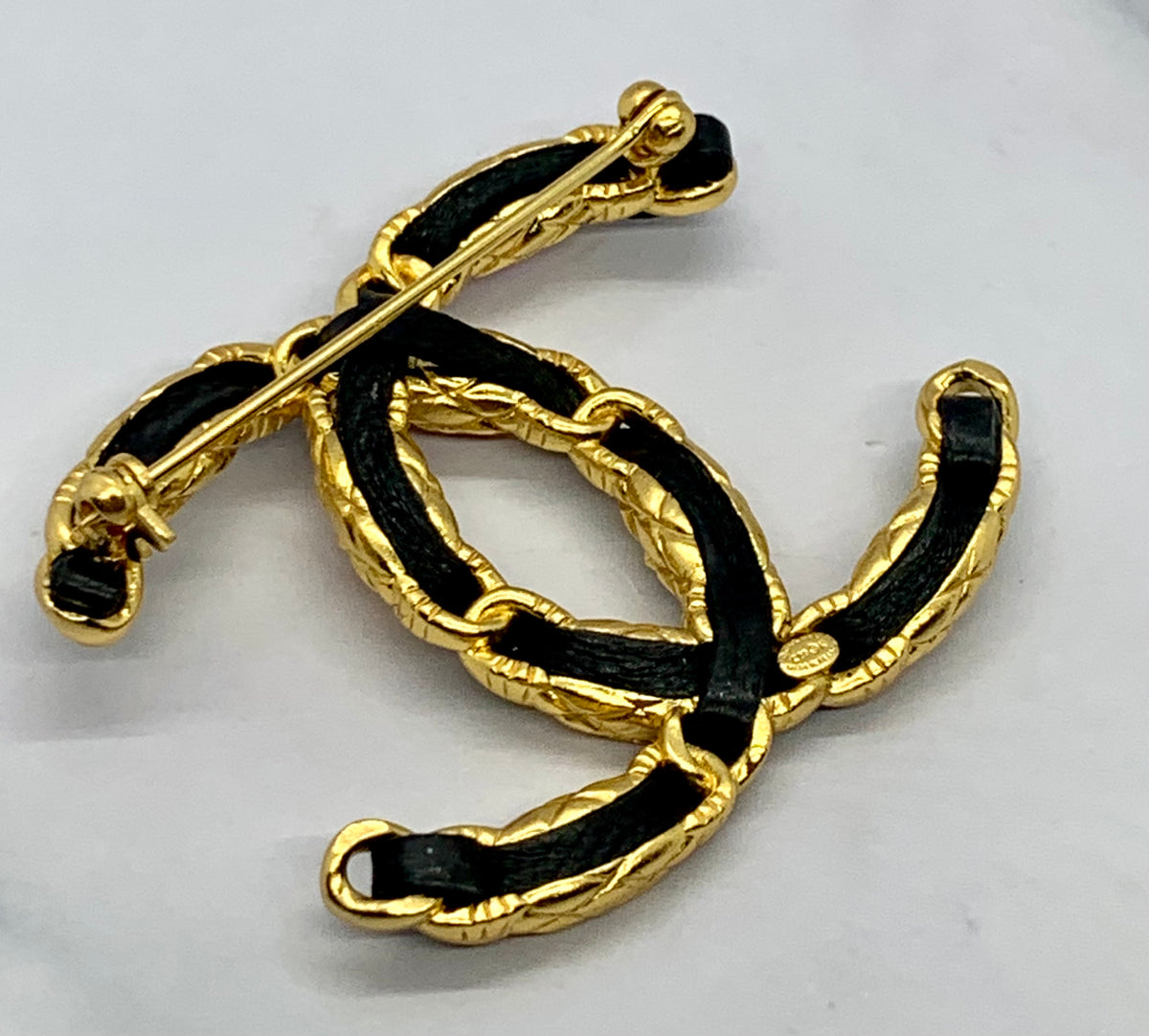 CHANEL CC Leather Trim Brooch Pin - USED