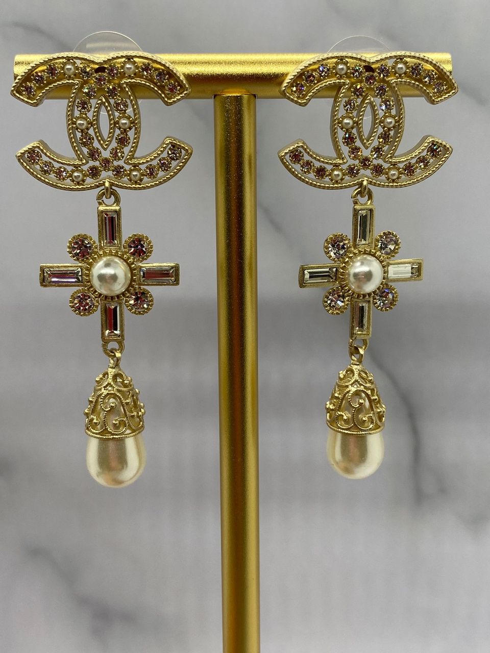 CHANEL CC Gold Tone Rhinestone Pendant Earrings - Pre owned