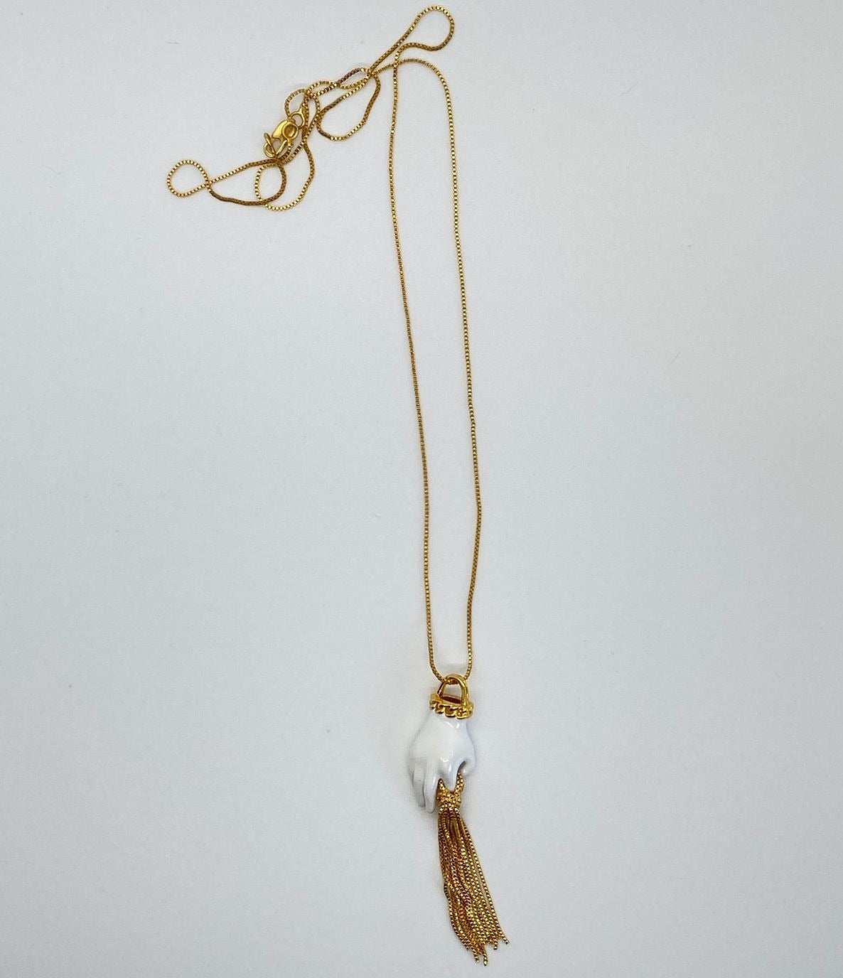 BOTTEGA VENETA Gold Tone & Porcelain Hand Charm with Fringe Necklace
