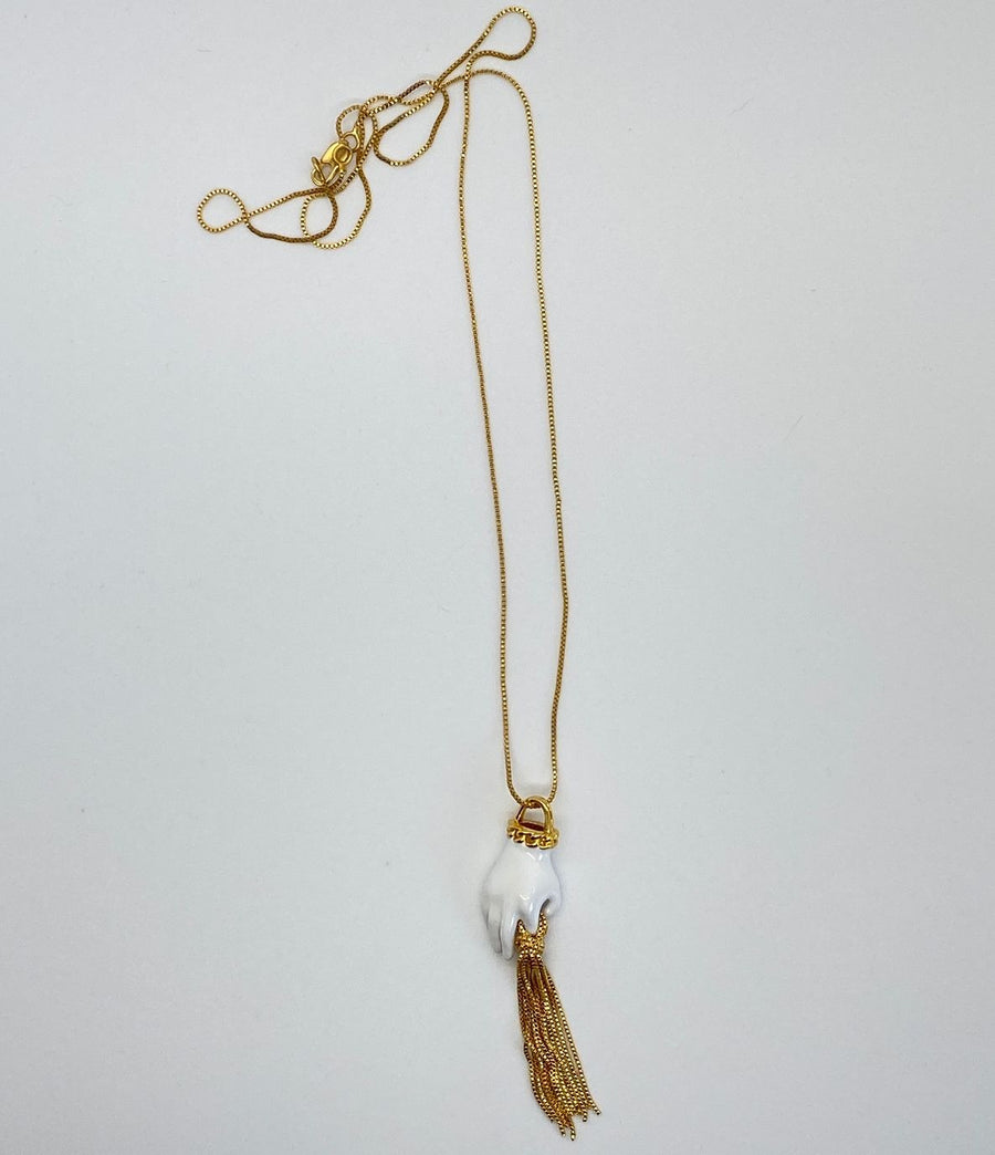 BOTTEGA VENETA Gold Tone & Porcelain Hand Charm with Fringe Necklace