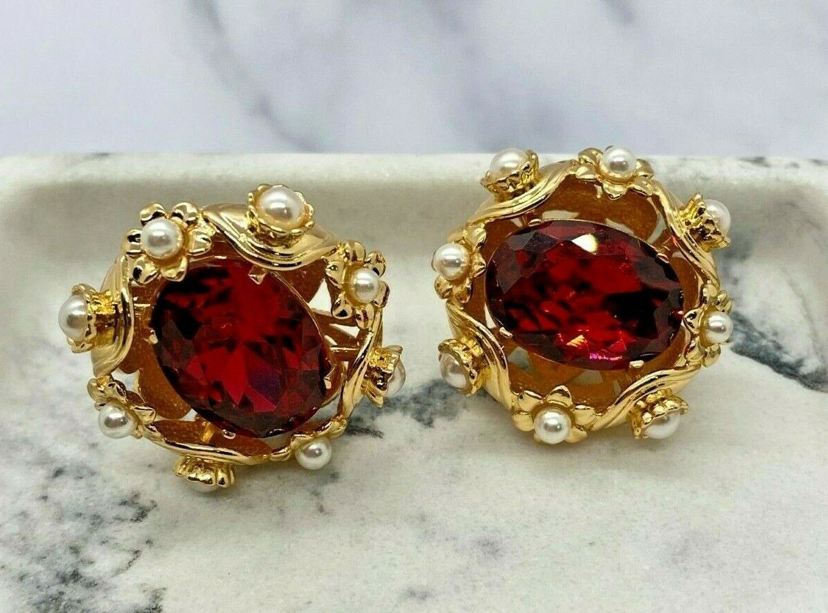 Dolce & Gabbana Gold & Ruby Rhinestone D&G Earrings- pre owned