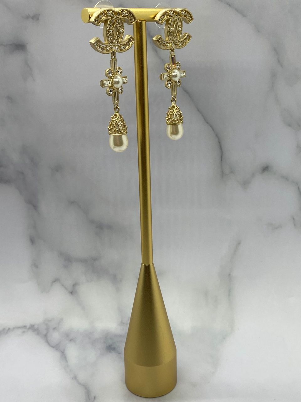 CHANEL CC Gold Tone Rhinestone Pendant Earrings - Pre owned