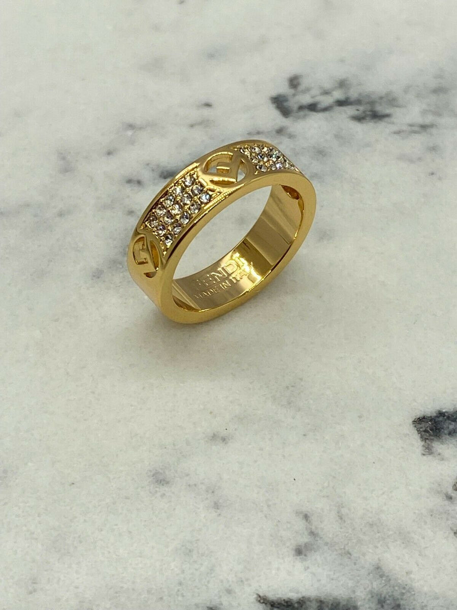 FENDI F Gold & Rhinestone Logo Ring Size 7 M - Pre owned