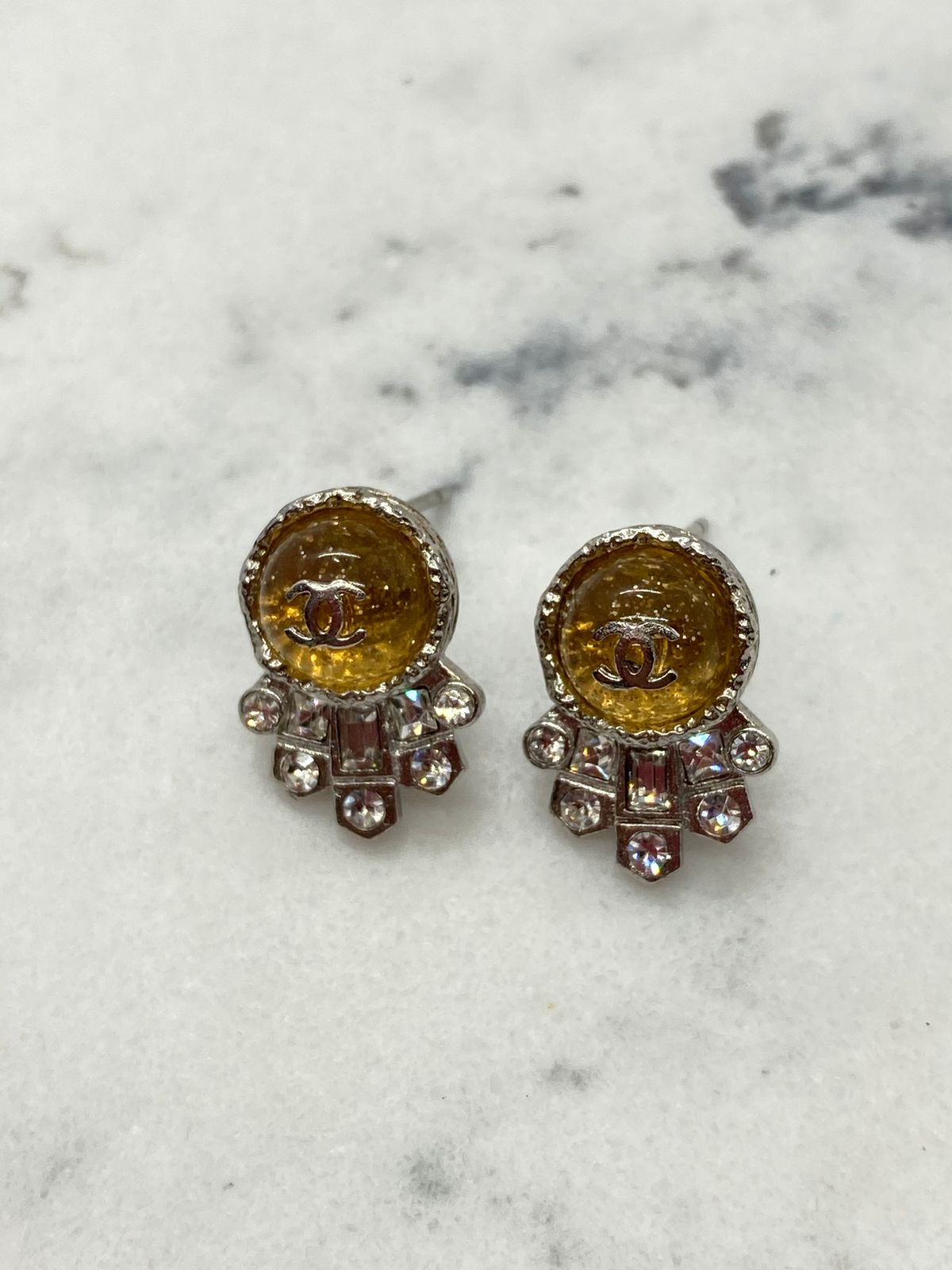 CHANEL CC Silver Tone Rhinestone Earrings - USED