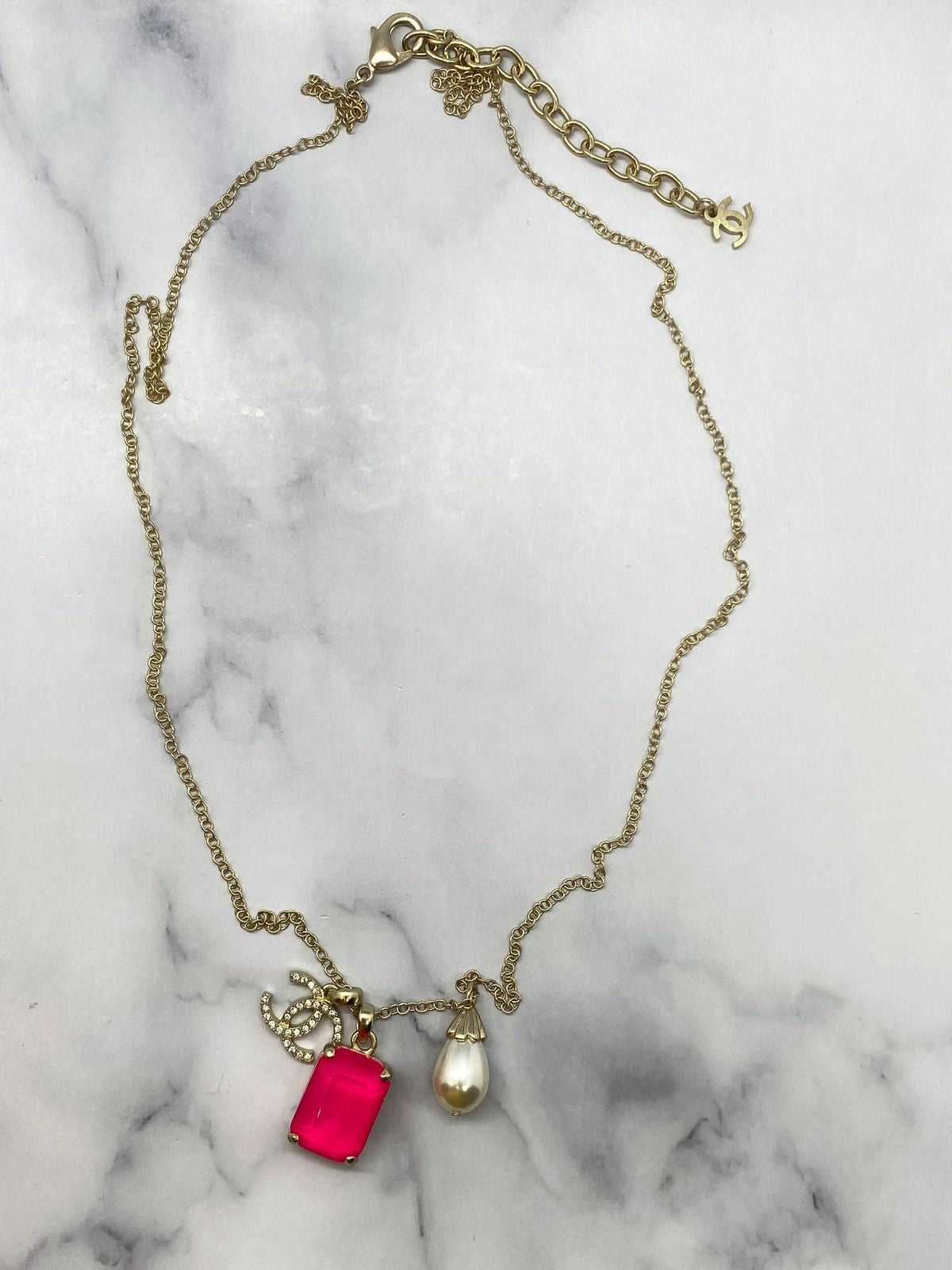 CHANEL CC Pink Rhinestone Charm Necklace - USED