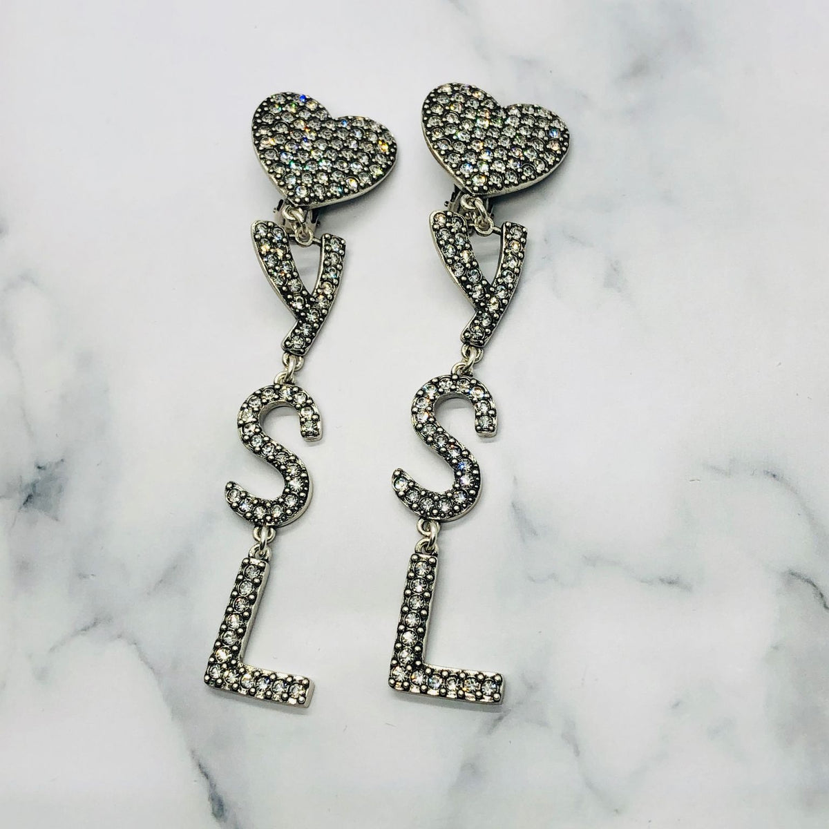 YSL Yves Saint Laurent Heart Rhinestone  Earrings - Pre owned