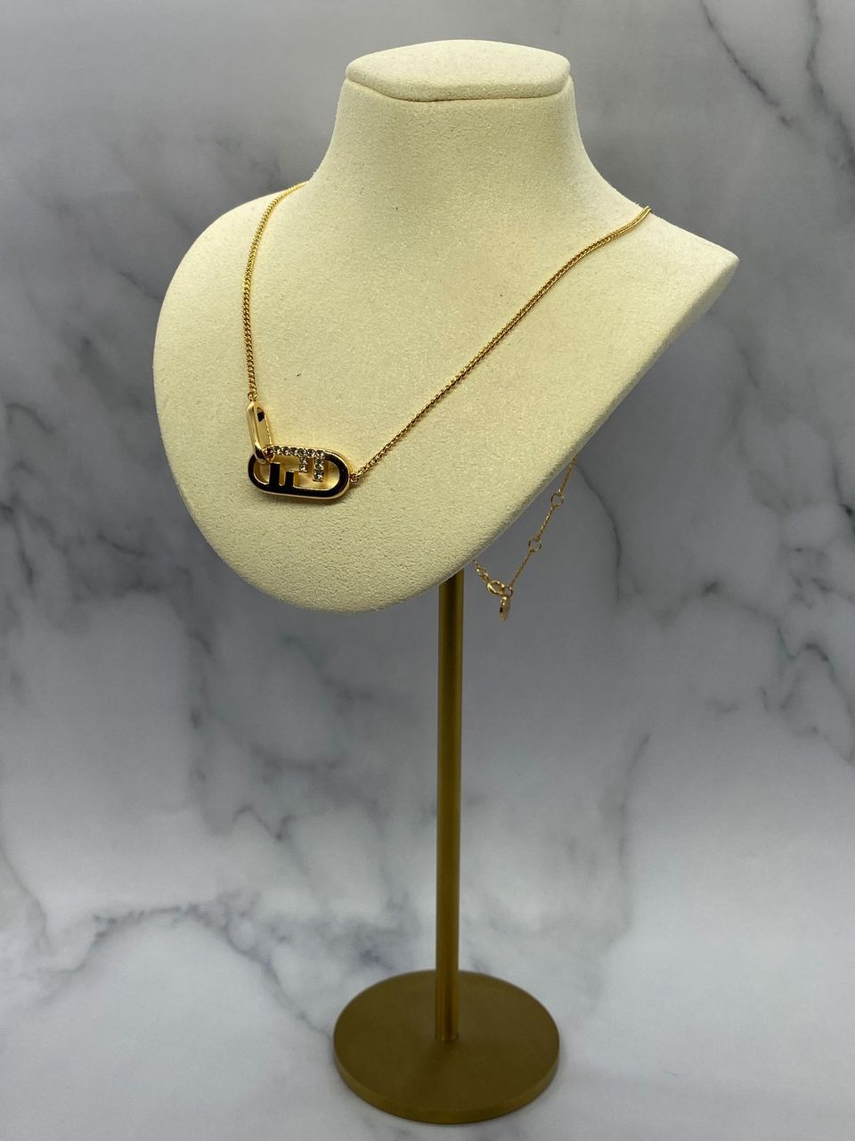 FENDI F Gold Tone Rhinestone Charm Necklace - Pre owned