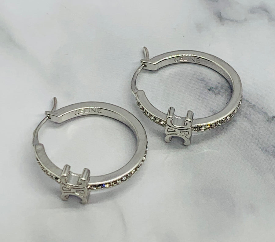 CELINE Silver Tone Rhinestone Monogram Hoop Earrings - Pre owned