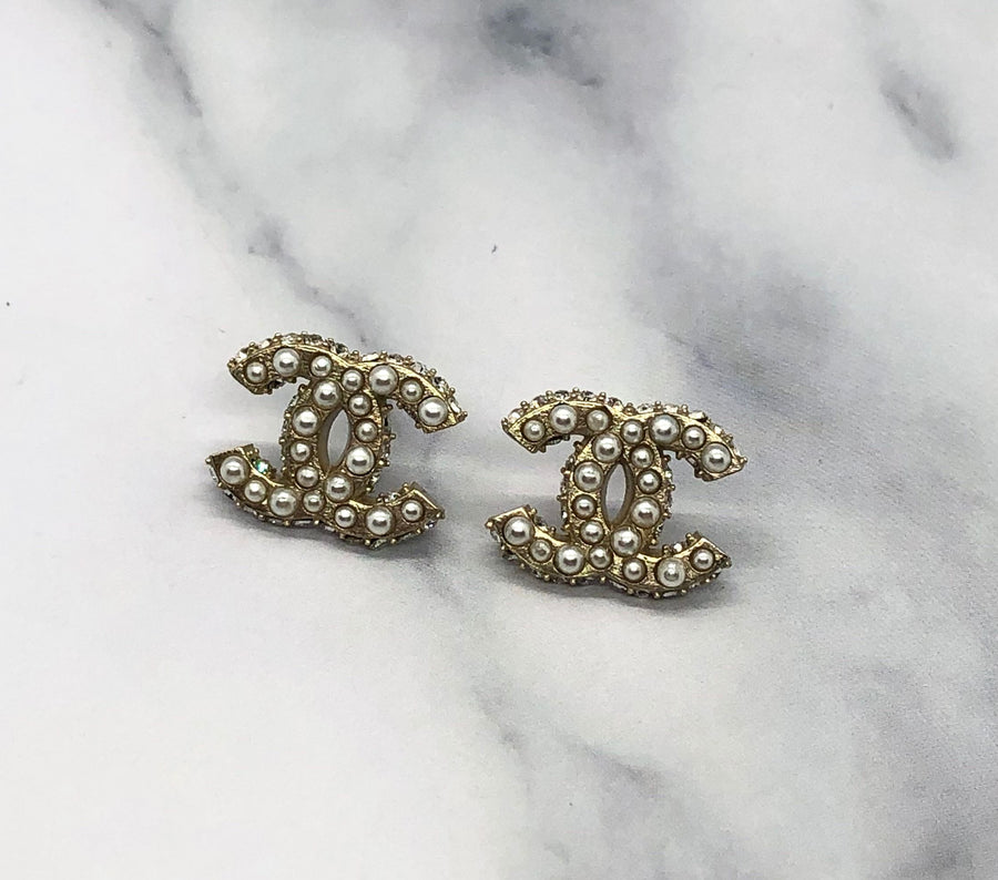 CHANEL CC Gold Tone Pearl Trim Mini Earrings - USED