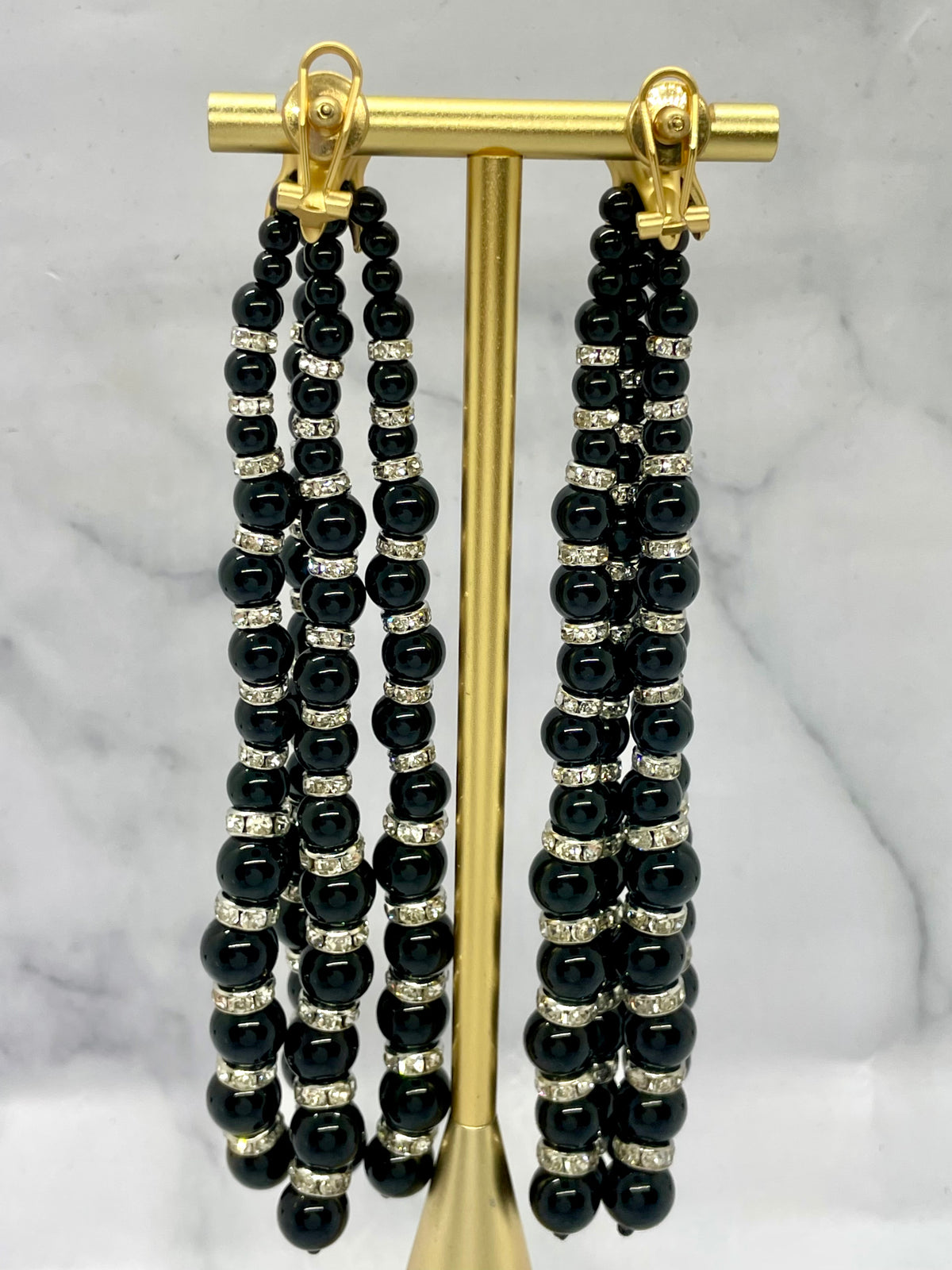 SCHIAPARELLI Black Beaded Pendant Tooth Earrings - Pre owned
