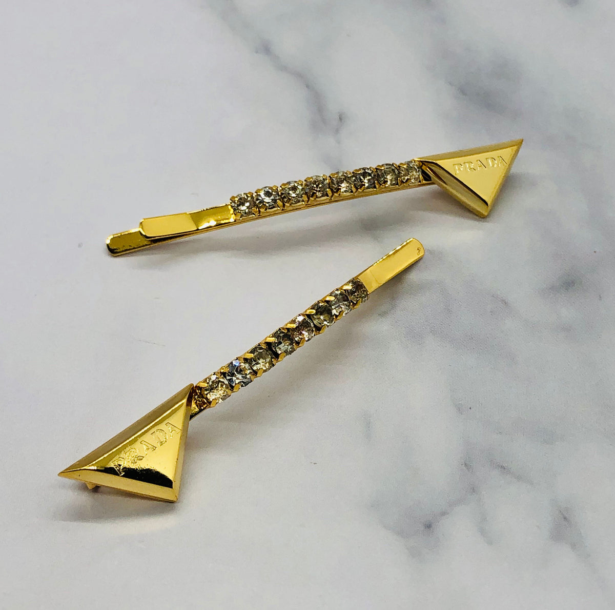 PRADA Gold Tone Rhinestone Hair Clip Barrette Set - Pre owned