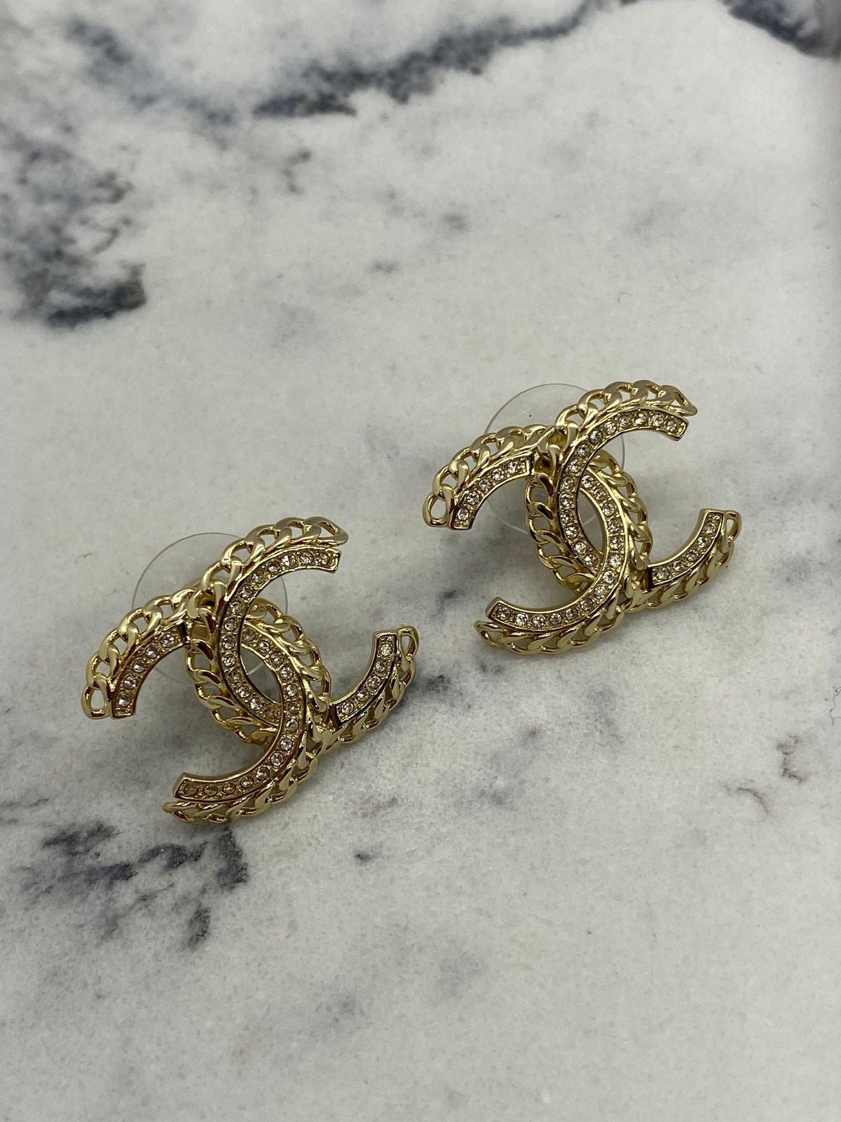 CHANEL CC Gold Tone Rhinestone Earrings - USED