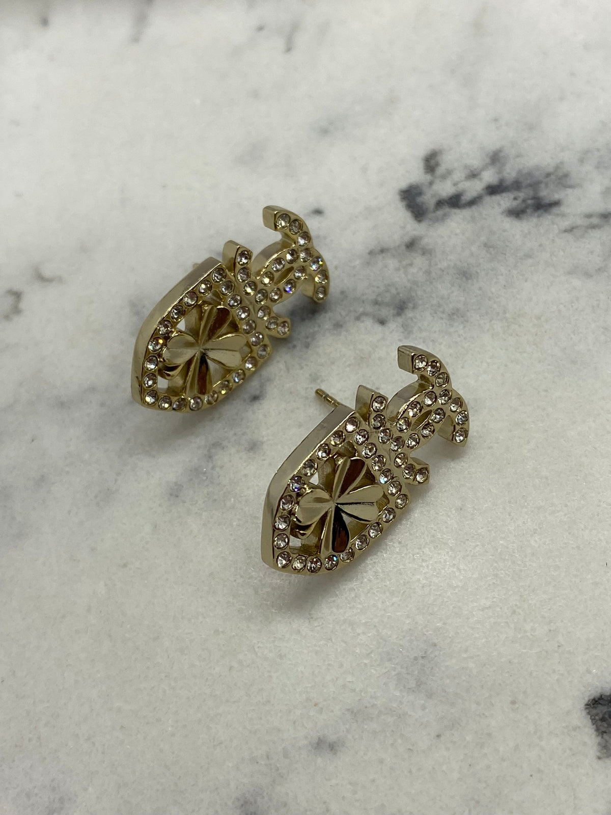CHANEL CC Clover Rhinestone Small Earrings - USED
