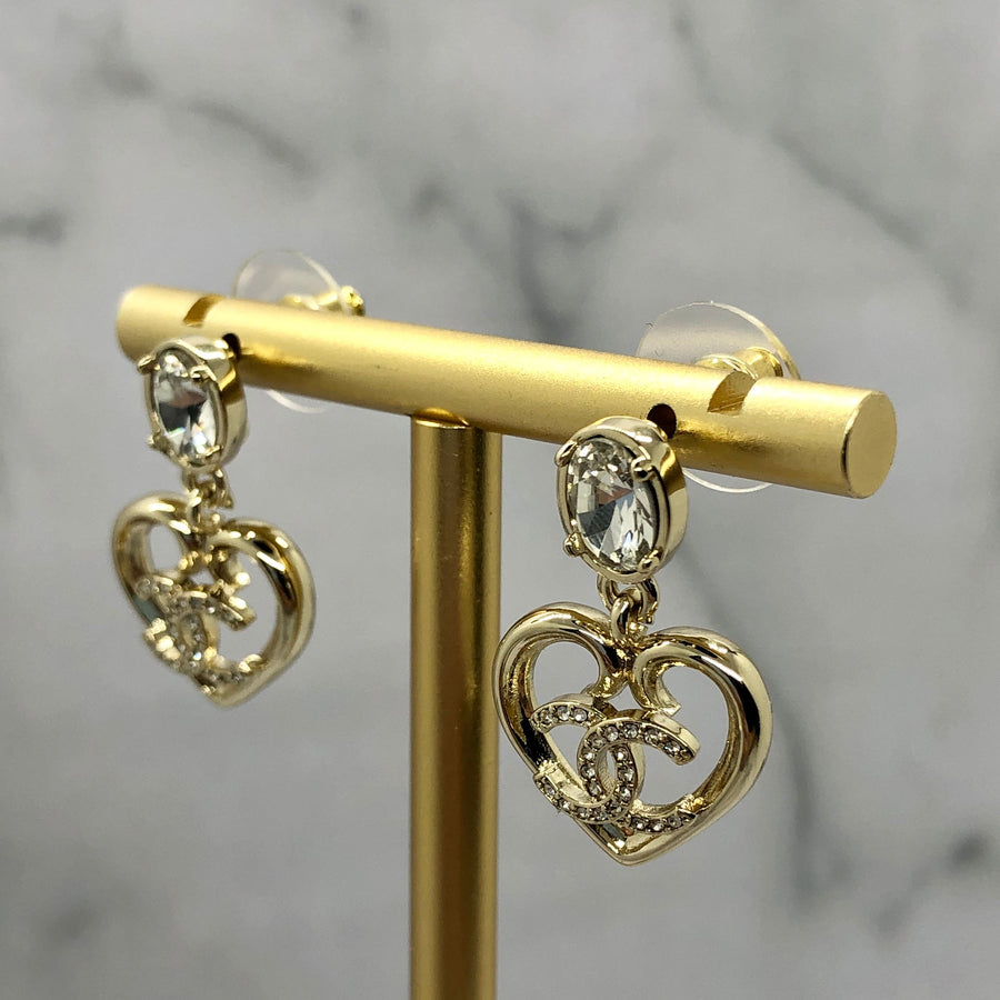 CHANEL CC Rhinestone Heart Pendant Earrings - USED