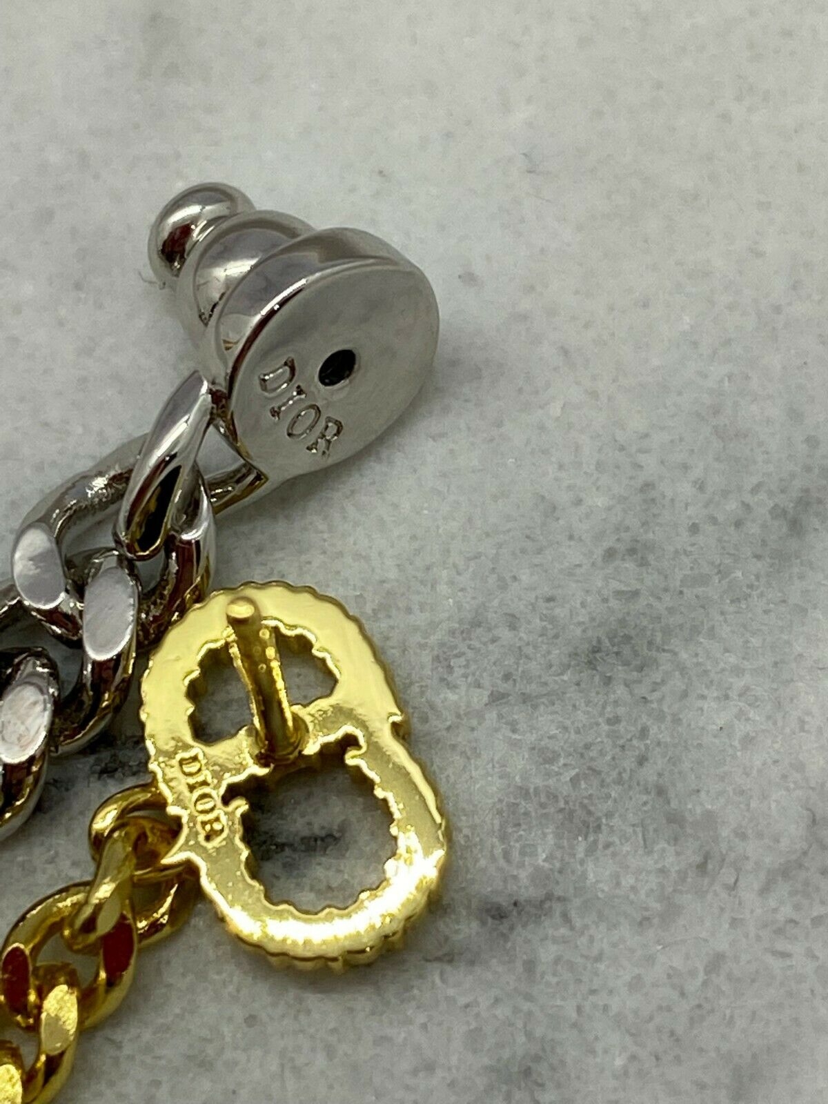 CHRISTIAN DIOR CD Silver & Gold Chain Pendant Earrings - USED