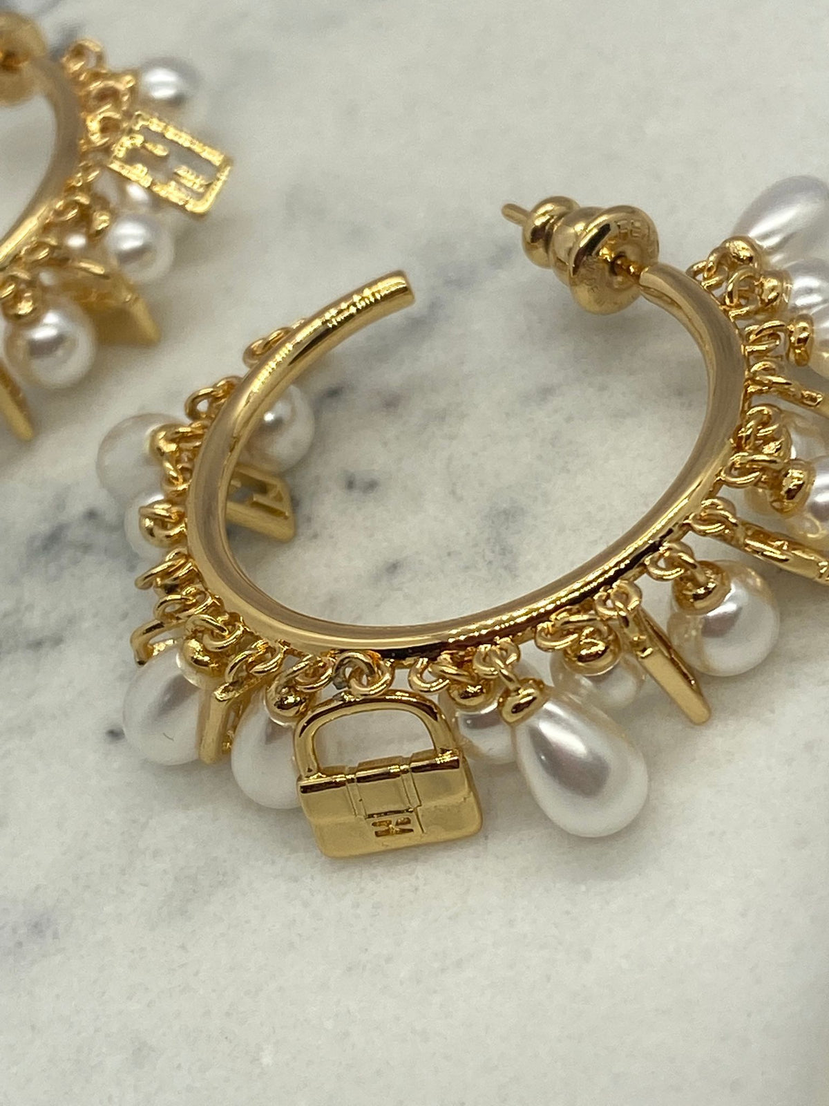 FENDI Gold & Pearl Baguette Charm Hoop Earrings - Pre owned