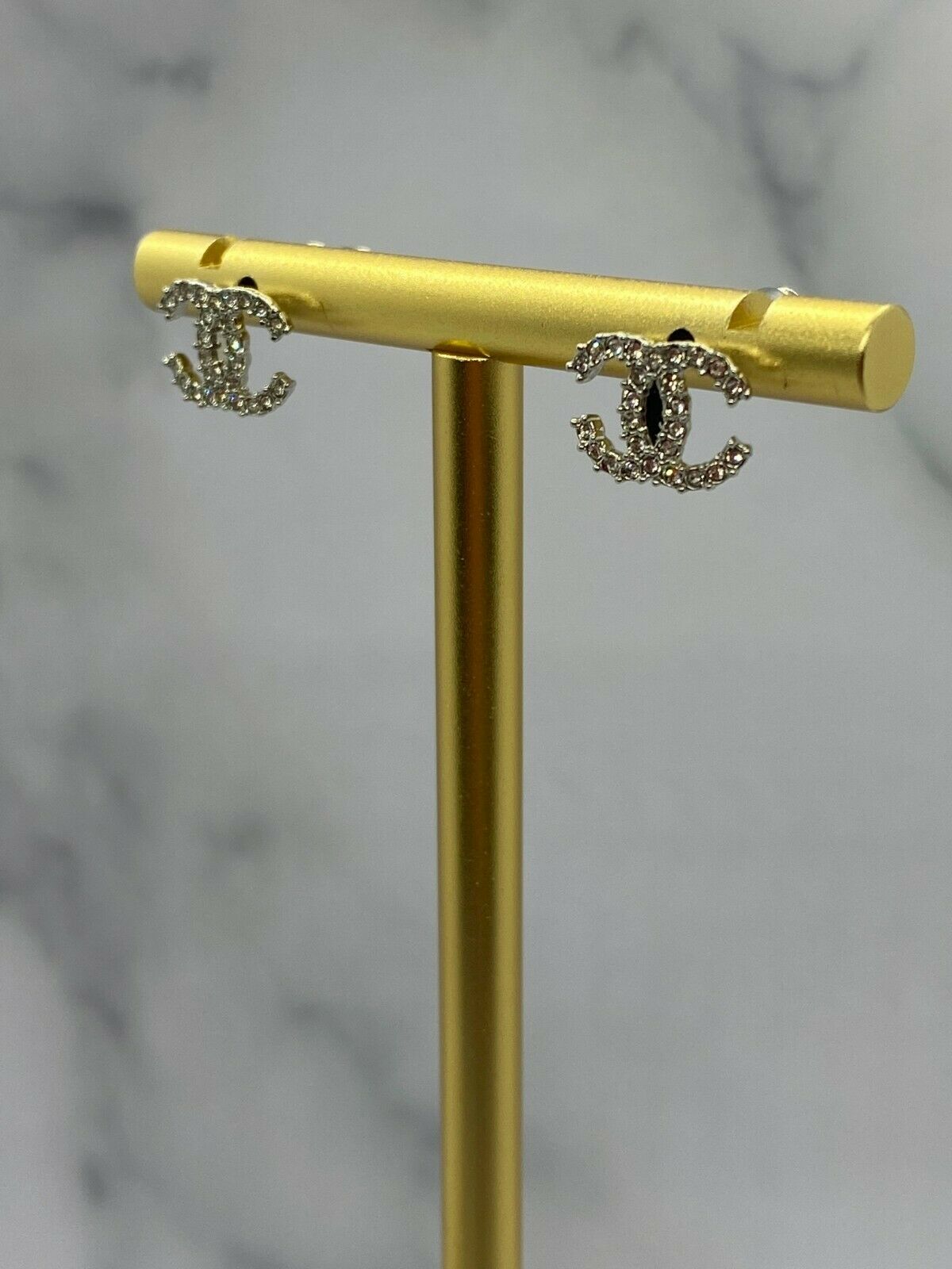 CHANEL CC Small Silver Tone Rhinestone Earrings - USED